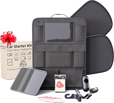 Baby Car Essentials Starter Kit for New Parents w/ 1 Backseat Organizer 2 Window Sun Shades 2 Headrest Hooks 1 Rear Facing CarSeat Mirror Baby Car Stuff Must Haves & Newborn Essentials