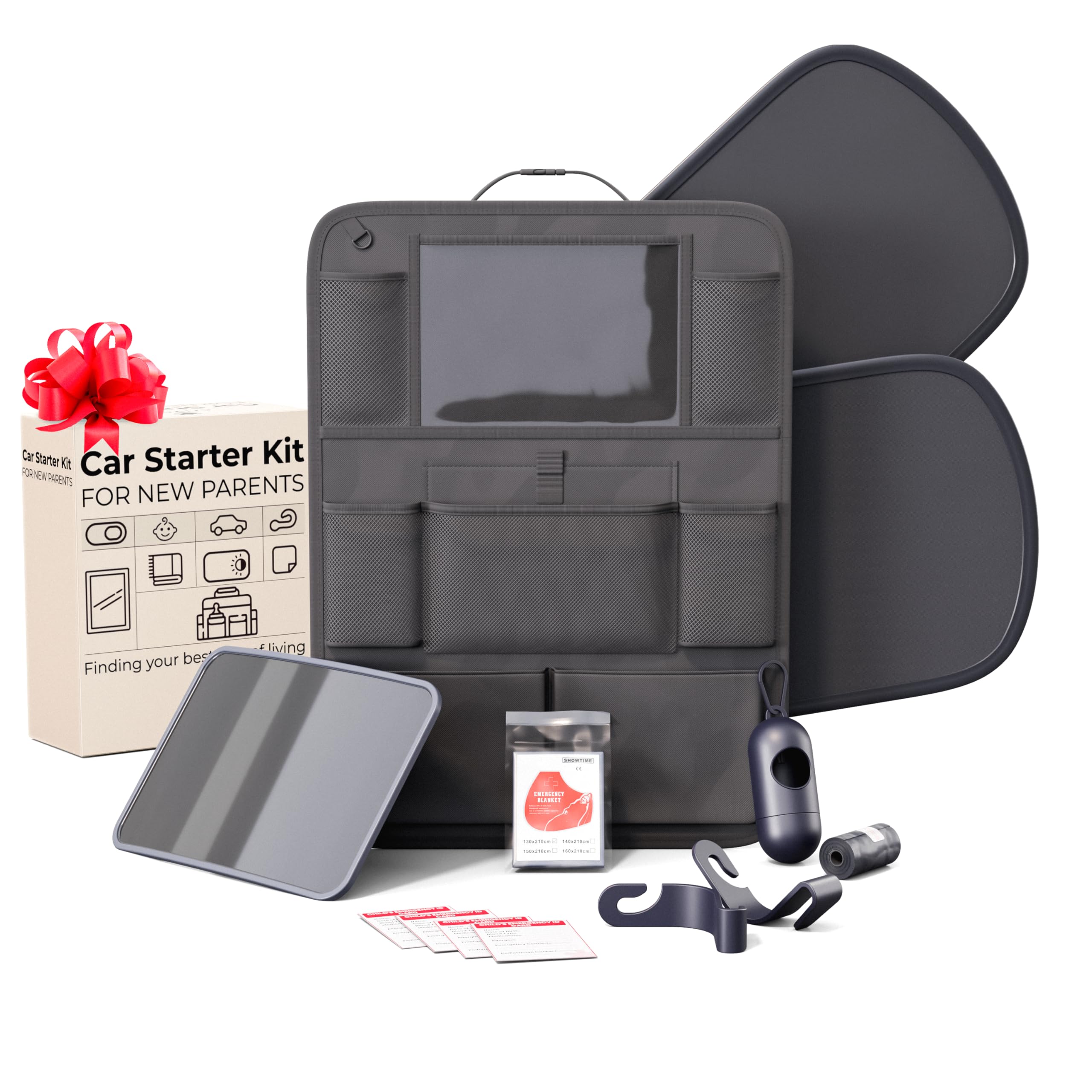 Kit básico de artículos esenciales para el auto de Crivora para nuevos padres con 1 organizador para asiento trasero, 2 parasoles para ventanas, 2 ganchos para reposacabezas, 1 espejo retrovisor para asiento de auto. Artículos imprescindibles para el auto de bebé. Artículos esenciales para recién nacidos.