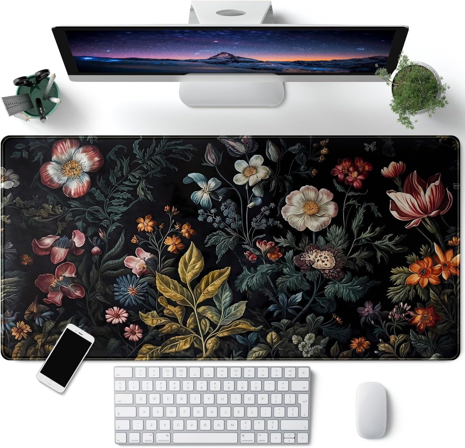 Floral Desk Mat Dark Vintage Aesthetic Desk Pad Flower Plant Black Extended Mouse Pad Large Gaming Mousepad XXL Laptop Computer Mouse Keyboard Mat 31.5 x 15.7 in for Office Desk Decor