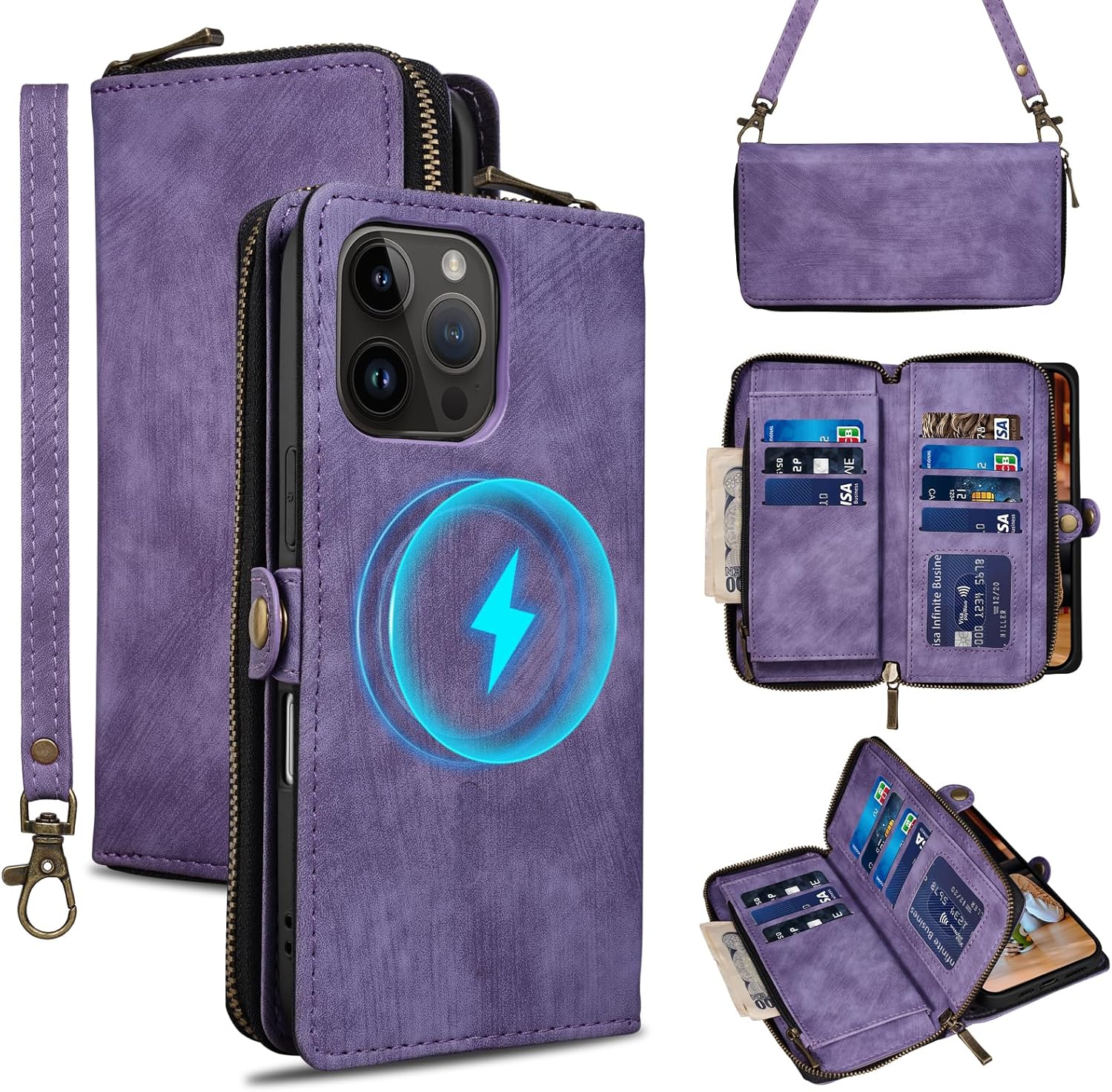 Rssviss Crossbody Case for iPhone 16 Pro Max Case Wallet, RFID Blocking Leather with Card Holder Kickstand, Handbag Zipper Flip Cover with Wrist Strap for iPhone 16 Pro Max Men Women 6.9", White