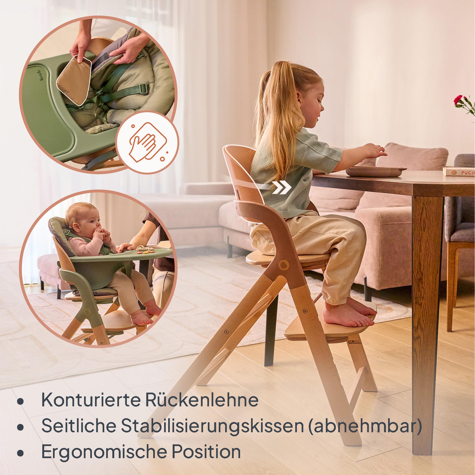 Lionelo Megan Holzhochstuhl zum Füttern, Wächst mit dem Kind von 6 Monaten | bis 110 kg, Verstellbare Fußstütze, 5-Punkt-Gurte, Sitzkissen, Pflegeleicht