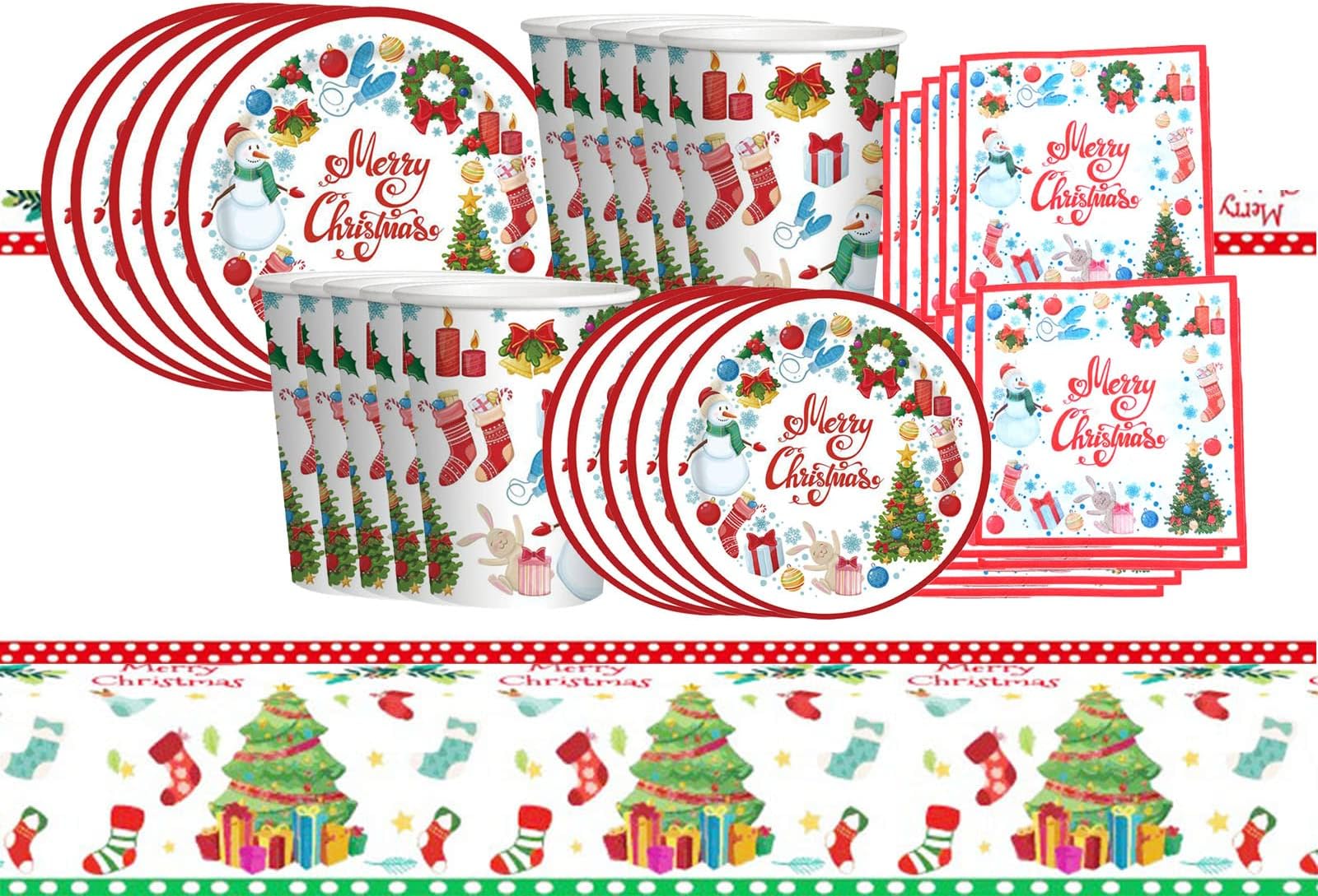 31Pcs Xmas Party Tableware Decor,Merry Xmas Tree Tableware Set Party Table Cloth,7inch Paper Plates,Paper Napkins,Cups Xmas Disposable Dinnerware,Picnic,Xmas party Supplier, Green Tree Xmas