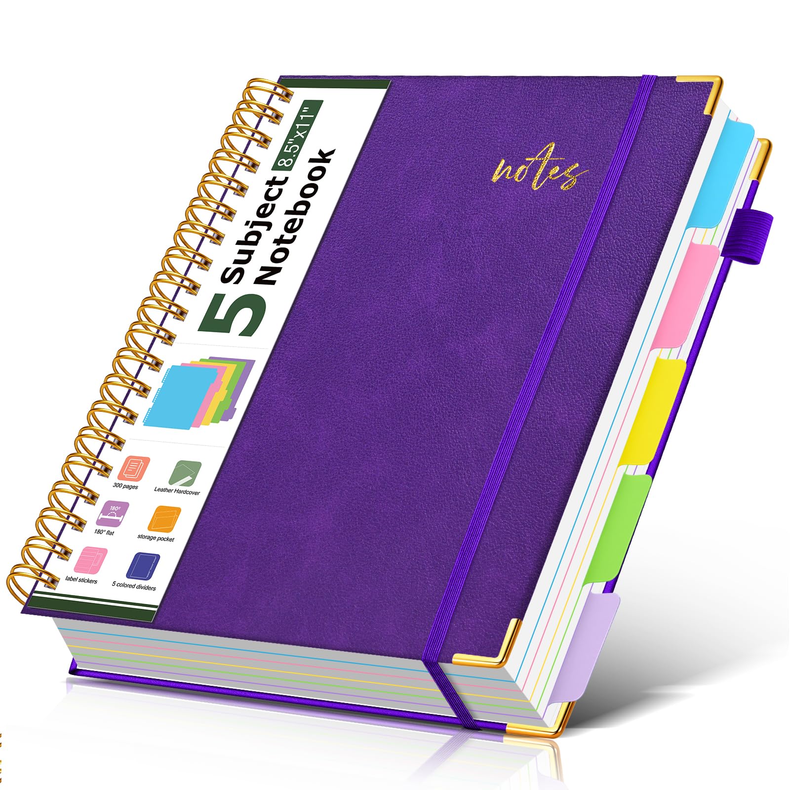 Hardcover Spiral Notebook Journal 8.5" x 11" Leather 5 Subject Notebook with Removable Dividers Tabs, 300 Pages Organizer A4 Notebooks for Work School, College Ruled, Large Lined Journal for Women