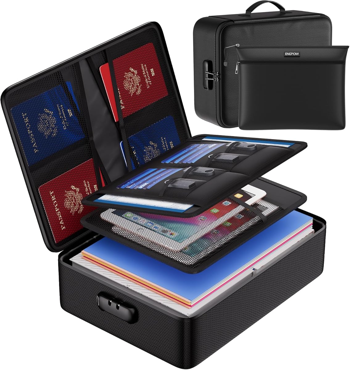 ENGPOW Fireproof Document Bag with Lock,File Organizer Set with Zipper Money Case,5 Layers Protection Fireproof Safe Storage for Important Documents,Passport,Laptop,14.2"*10.6"*4",Soft Case