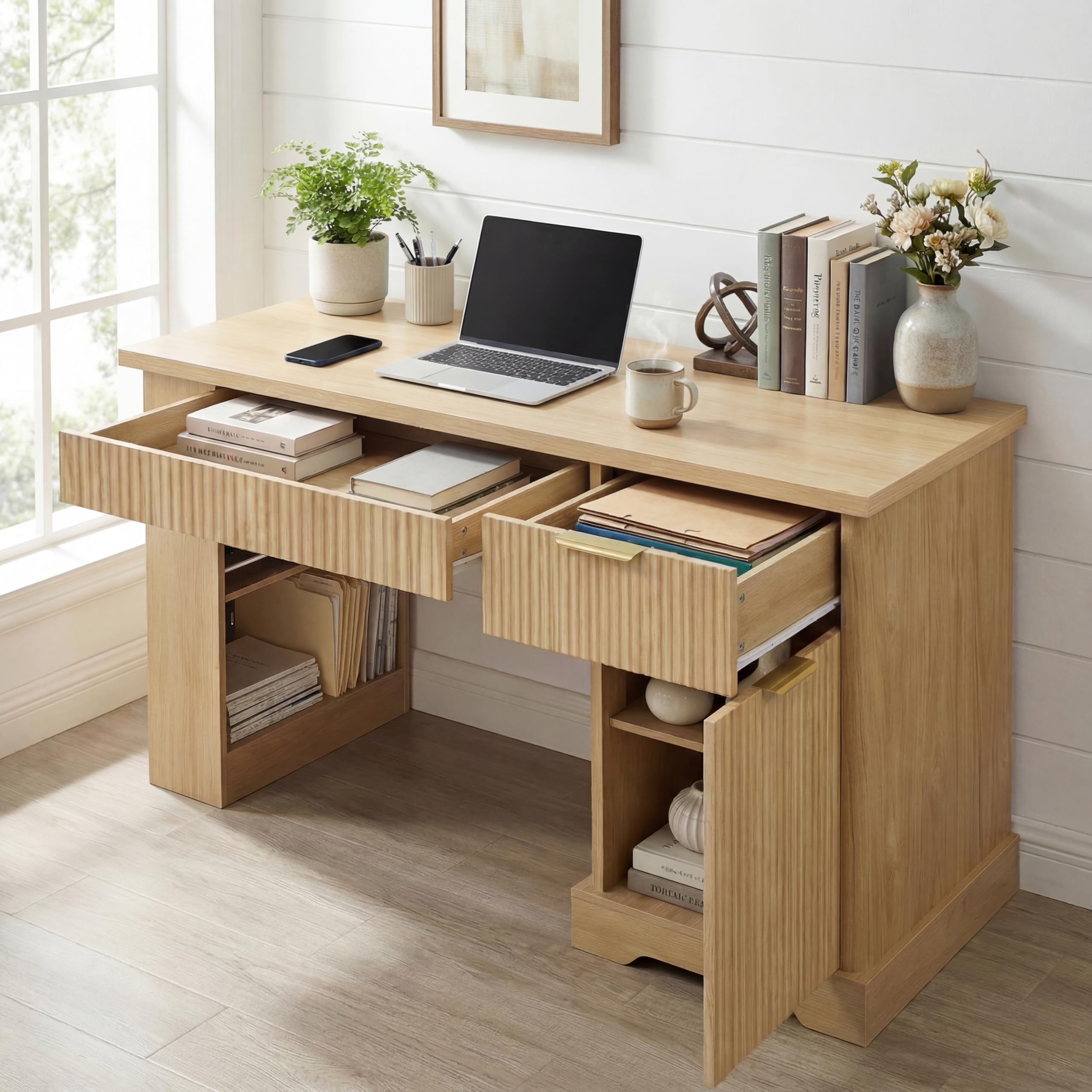 Karzibo 55" Modern Fluted Office Desk with Storage Cabinet & Drawers, Computer Writing Desk with Power Outlet, Pegboard, Built-in Shelves & Keyboard