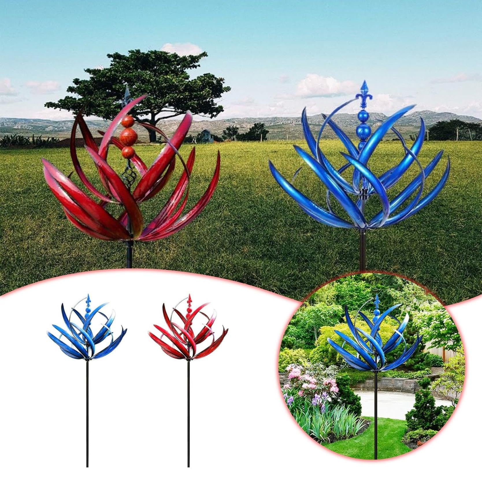 Girandola a vento a 360°, girandole da giardino, in metallo, con paletto da giardino, decorazione artistica per patio, prato e giardino (blu)