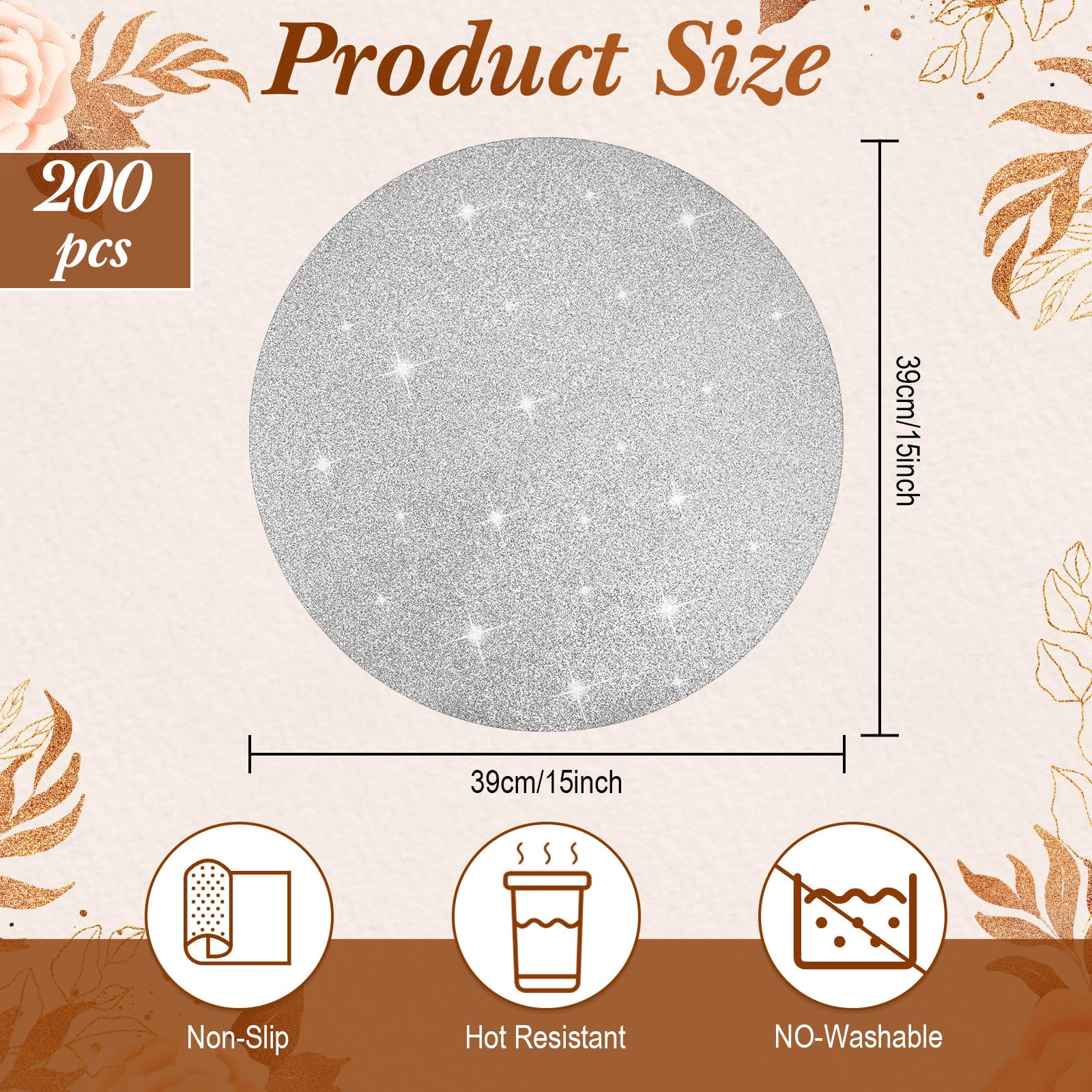 Pasimy 200 manteles individuales de papel con purpurina plateada de 15 pulgadas, redondos, desechables, con lentejuelas, manteles individuales decorativos para bodas, banquetes, fiestas, hogar