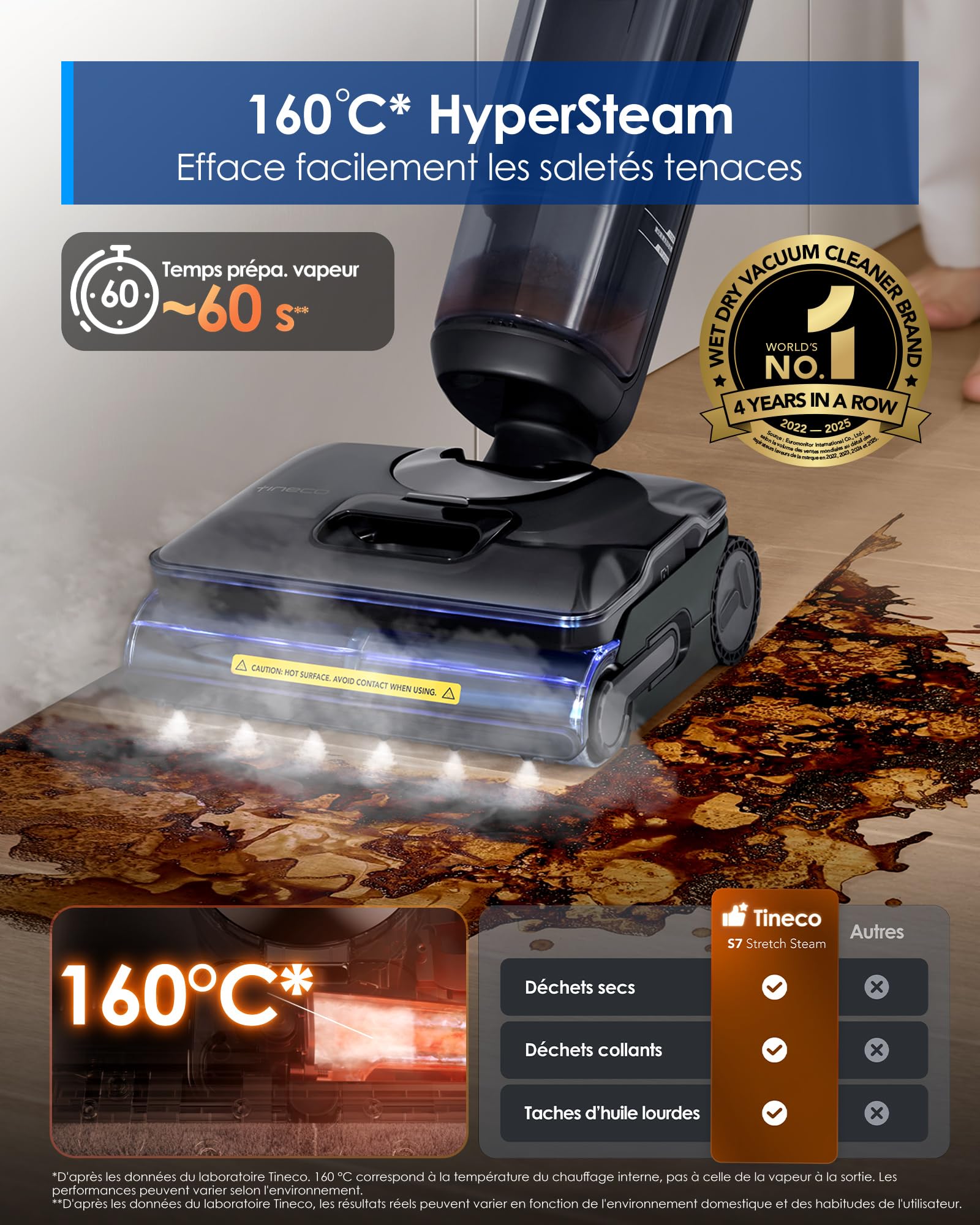 Tineco Floor One S7 Stretch Steam Nettoyeur Vapeur, Aspirateur Balai Vapeur sans Fil 2 en 1, 160℃ HyperSteam, 180° Pose à Plat, Auto-Nettoyage FlashDry, 80 Min d'autonomie, Anti-Tangle-Design