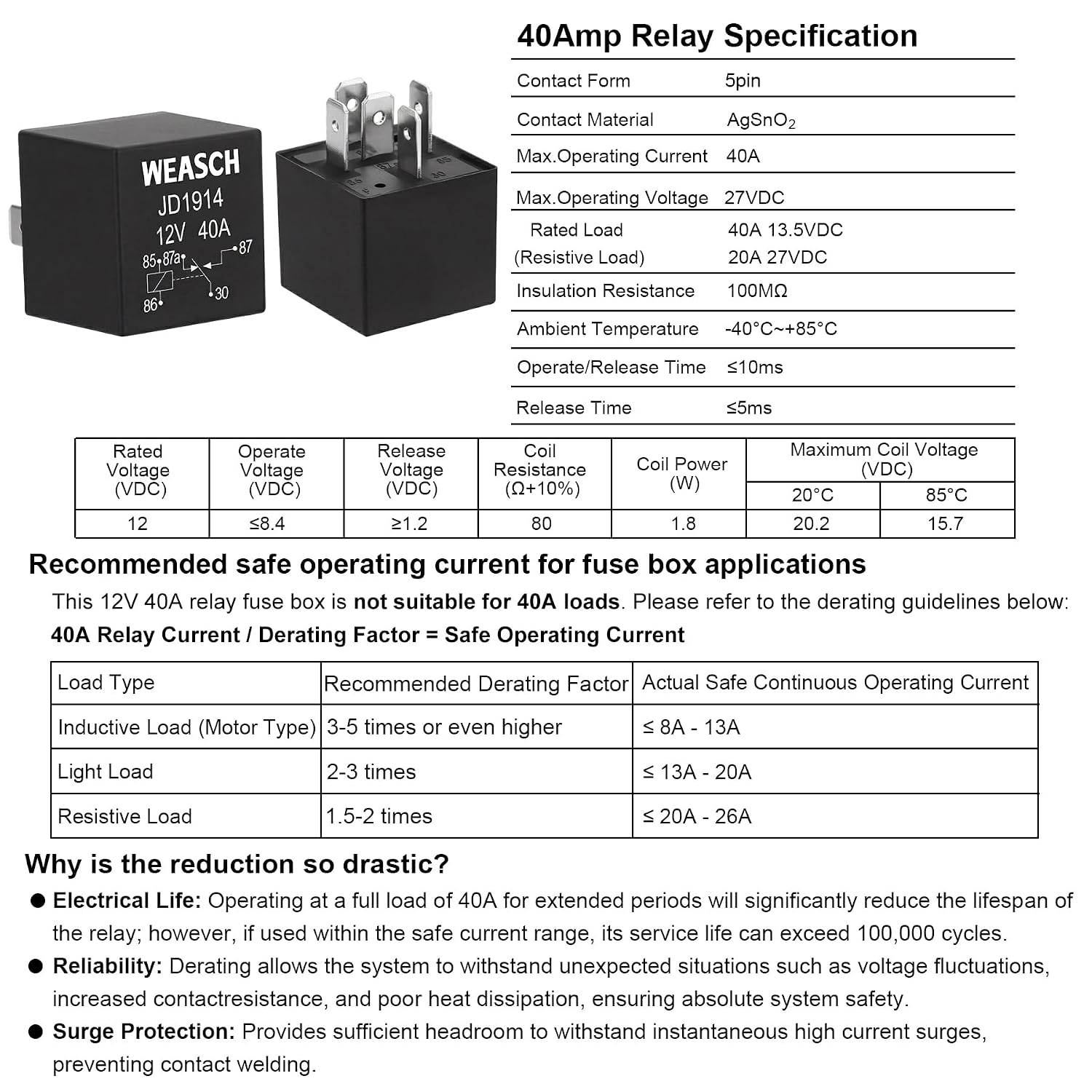 12V 6 Way Pre-Wired Waterproof Fuse Relay Box, 2 Relays and 6 ATC/ATO Blade Fuses, 5-Pin 40A Relay Block and Kit, for Cars Truck Marine Boat Jeep