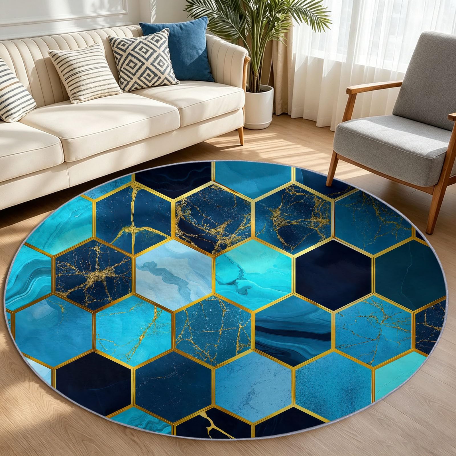 Tappeto rotondo per soggiorno, 150 cm, piastrelle in marmo esagonale, lavabile, per camera da letto, moderno, geometrico, antiscivolo, antiscivolo, morbido, a pelo basso, per camera dei bambini