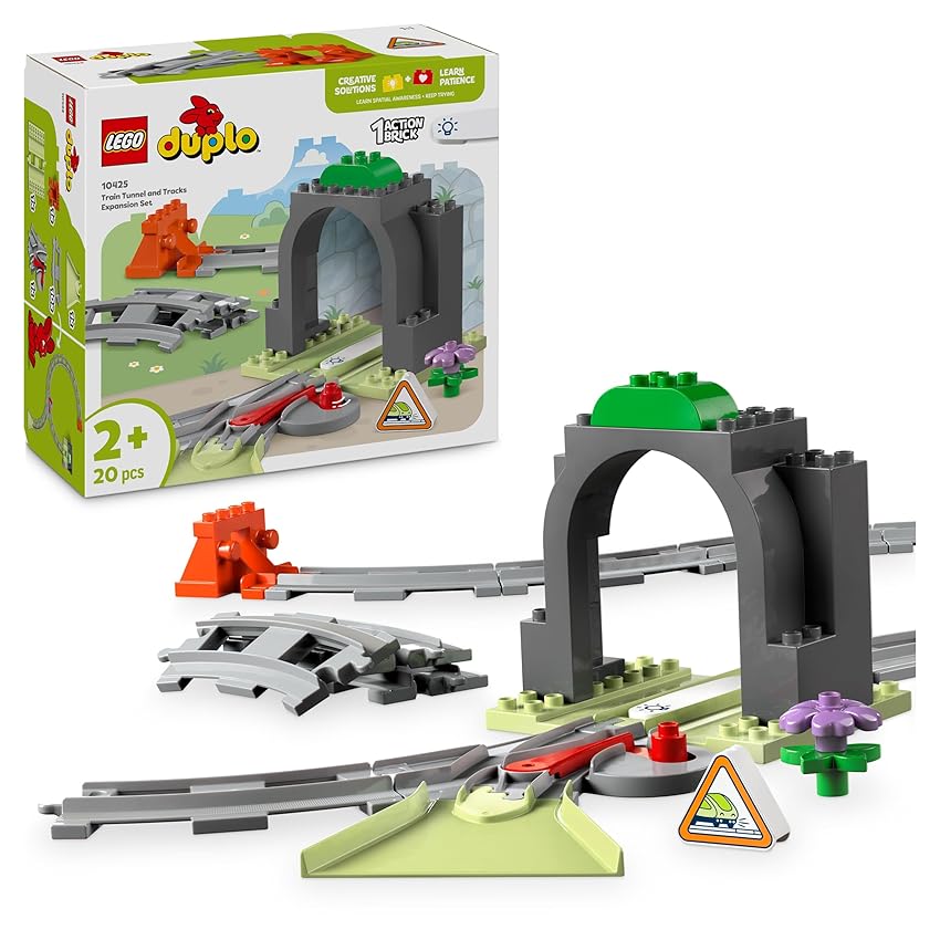 LEGO DUPLO Town Pack di Espansione Tunnel e Binari Ferroviari - Gioco Didattico con 10 Pezzi di Rotaie, Scambio a 2 Vie e Mattoncino Interattivo - Regalo per Bambini e Bambine da 2 Anni in su - 10425