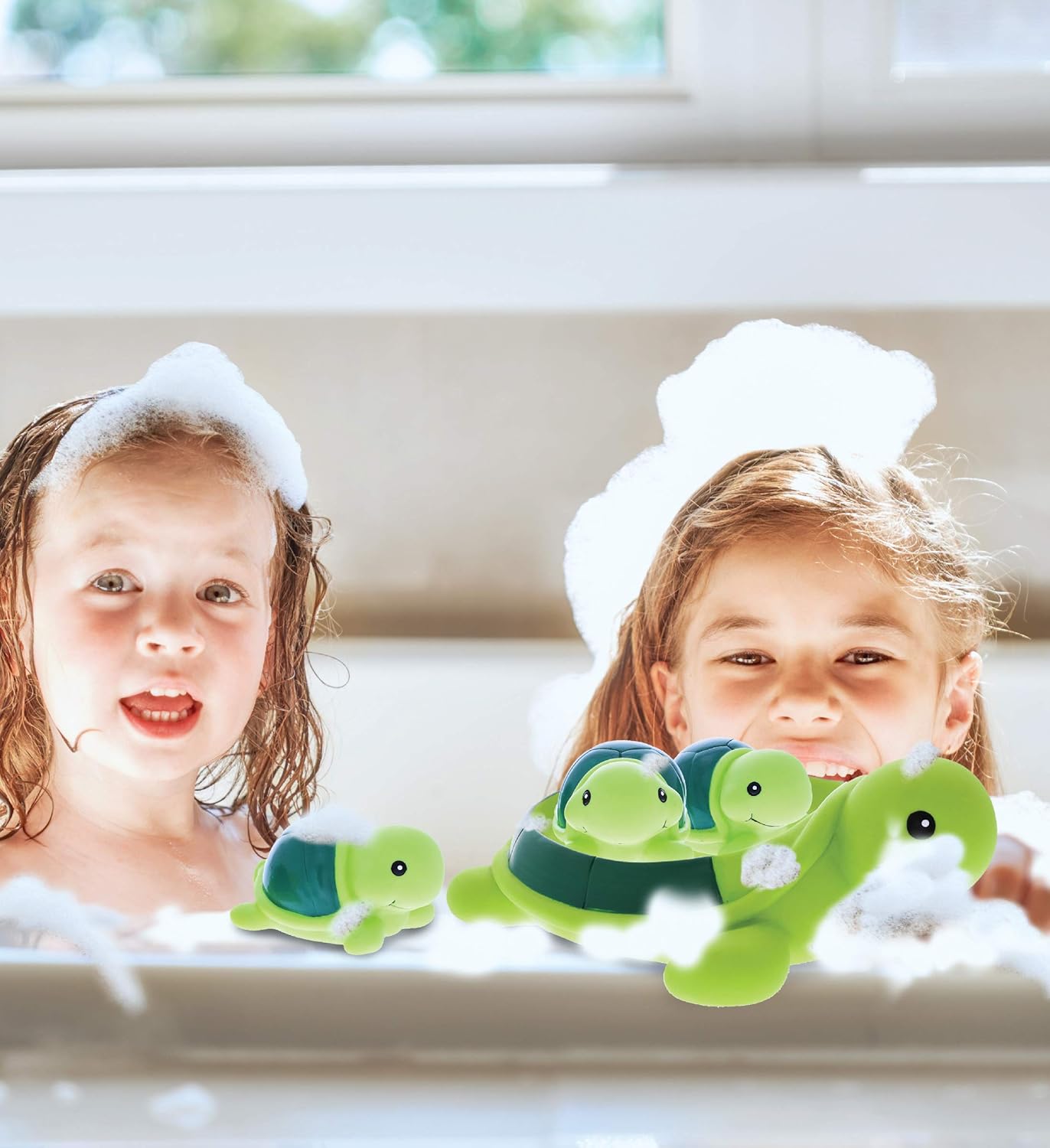 Dollibu Green Sea Turtle Family Animal Bath Squirters 4 Piece Bath Toy Set, Kids Bath Toys for Bathtime & Water Fun, Girls & Boys Floating Cute Animal Rubber Squirt Toys, Pool Toys for Kids