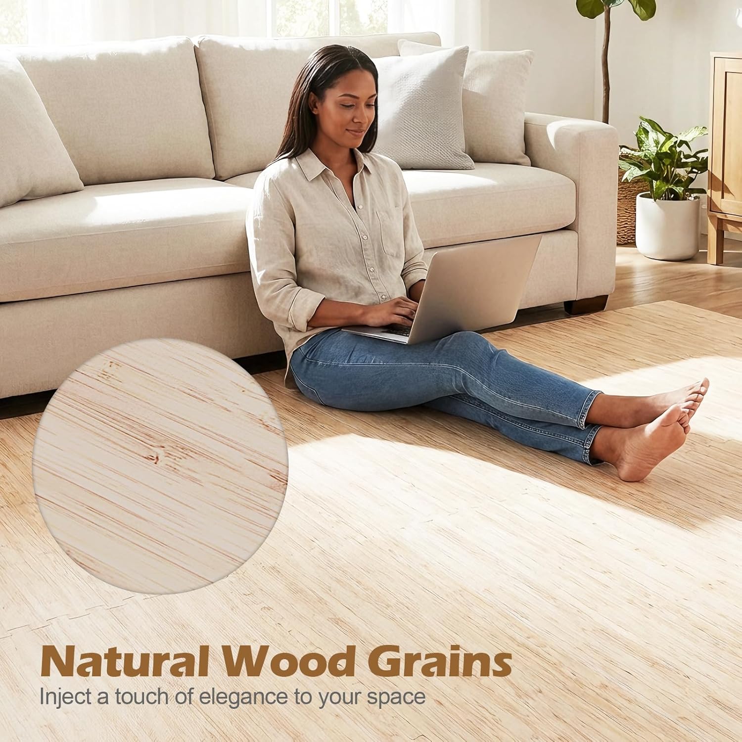 GOFLAME Wood Grain Interlocking Floor Tiles, 16 PCS EVA Foam Puzzle Mats with Stylish Natural Wood Texture, Soft Protective Flooring for Home Office, Living Room and Bedroom