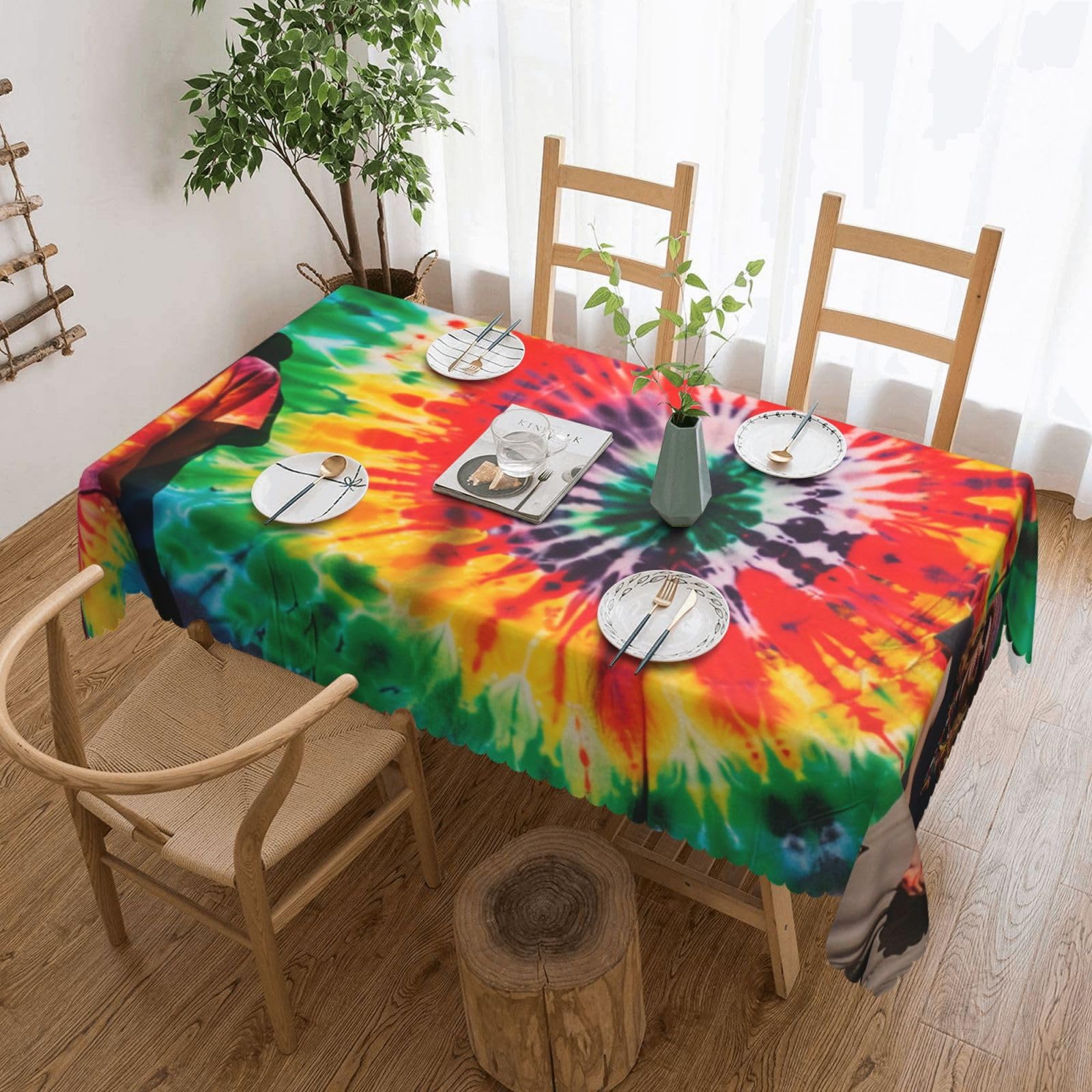WPKJU Tie Dye Hippies Printed Rectangle Tablecloth 72x54 Inch with Lace Trim, Water-Resistant Washable Table Cover for Farmhouse Weddings, Outdoor Picnics & Holiday Dining