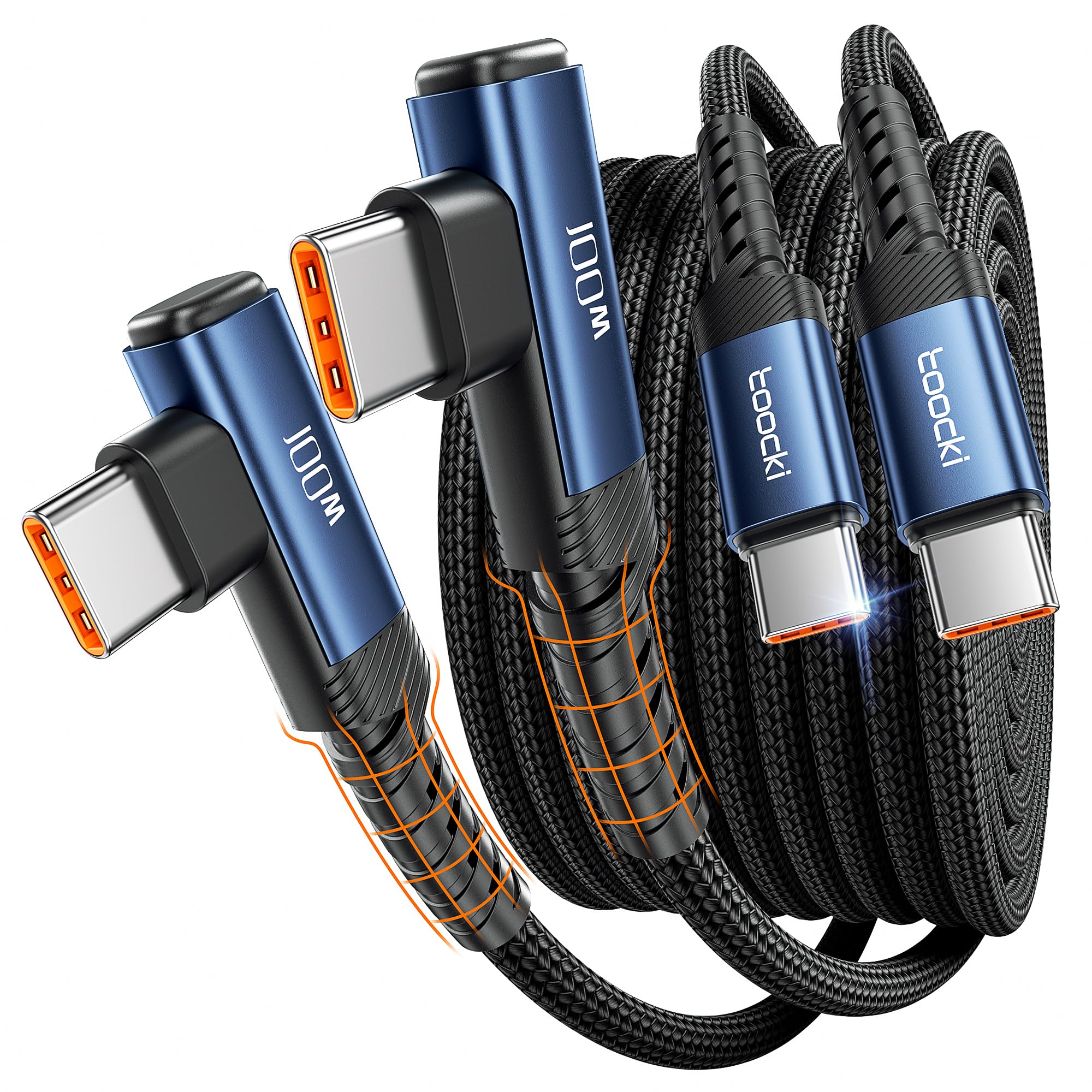 toocki Cavo USB C [confezione da 2 pezzi], 100 W, cavo di ricarica rapida ad angolo retto, cavo USB 2.0 intrecciato in nylon per iPhone 16 15 Pro Max, iPad Pro, Samsung Galaxy S24 S23, Switch, MacBook