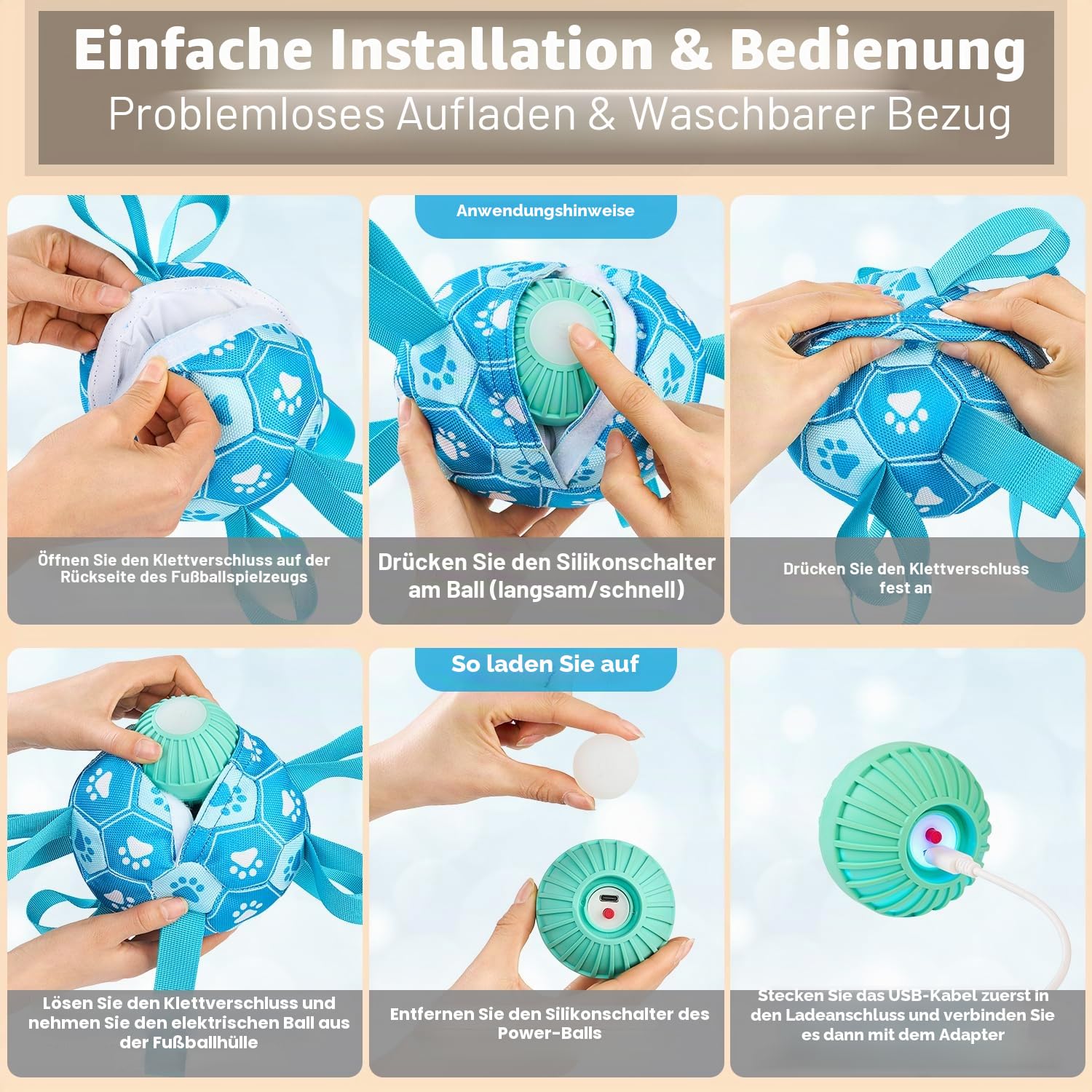 Interaktive Hundespielzeuge, Hundefußball zur Beschäftigung, haltbare automatisch bewegende und springende Hundebälle mit Gurten für kleine/mittlere/große Hunde, USB-aufladbar(Blau)