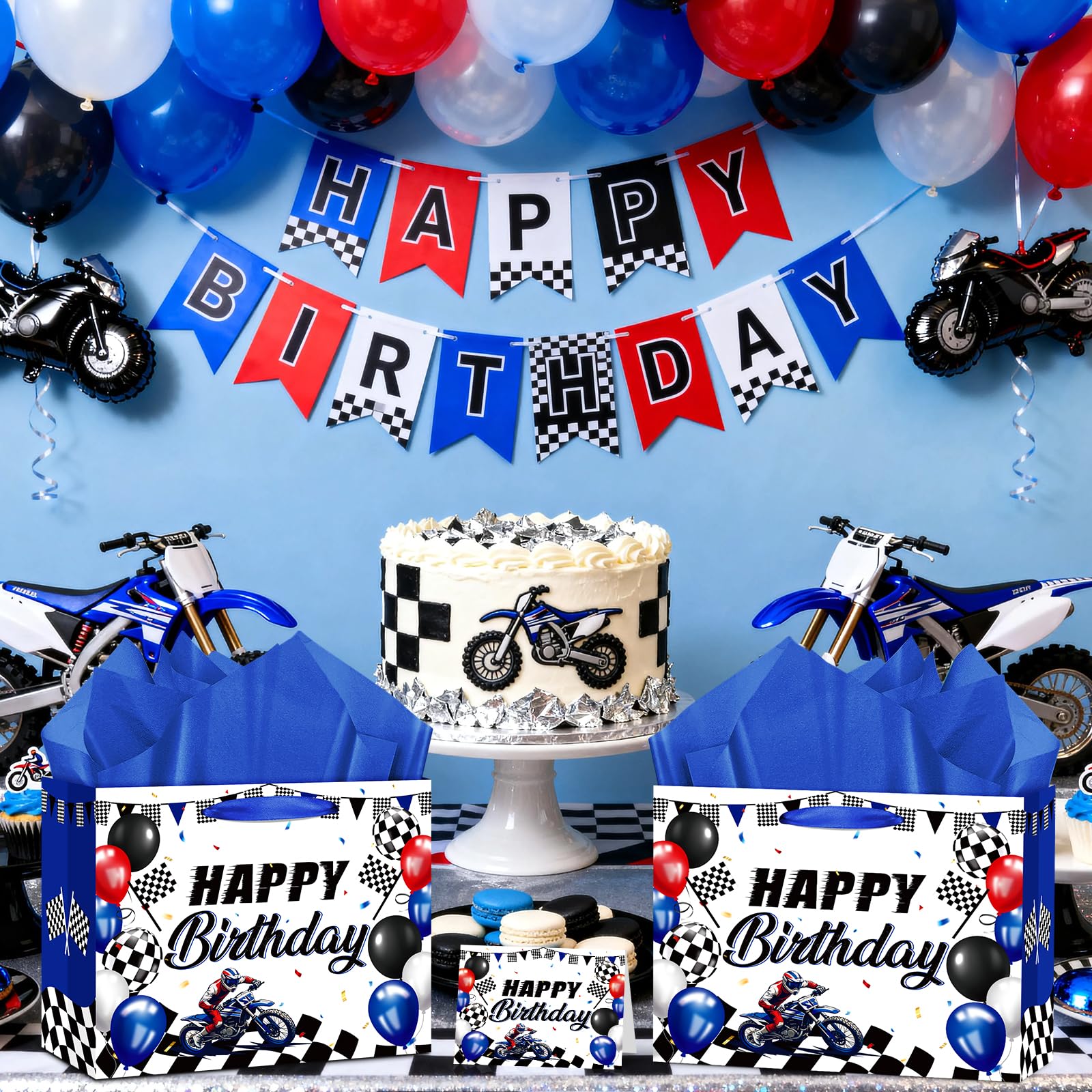 Neptniopllab Dirt Bike Birthday Gift Bag with Card & Wrapping Paper for Motorcycle Birthday Party Decoration Racing Motocross Motorbike Boy Men Goodie Treat Bag