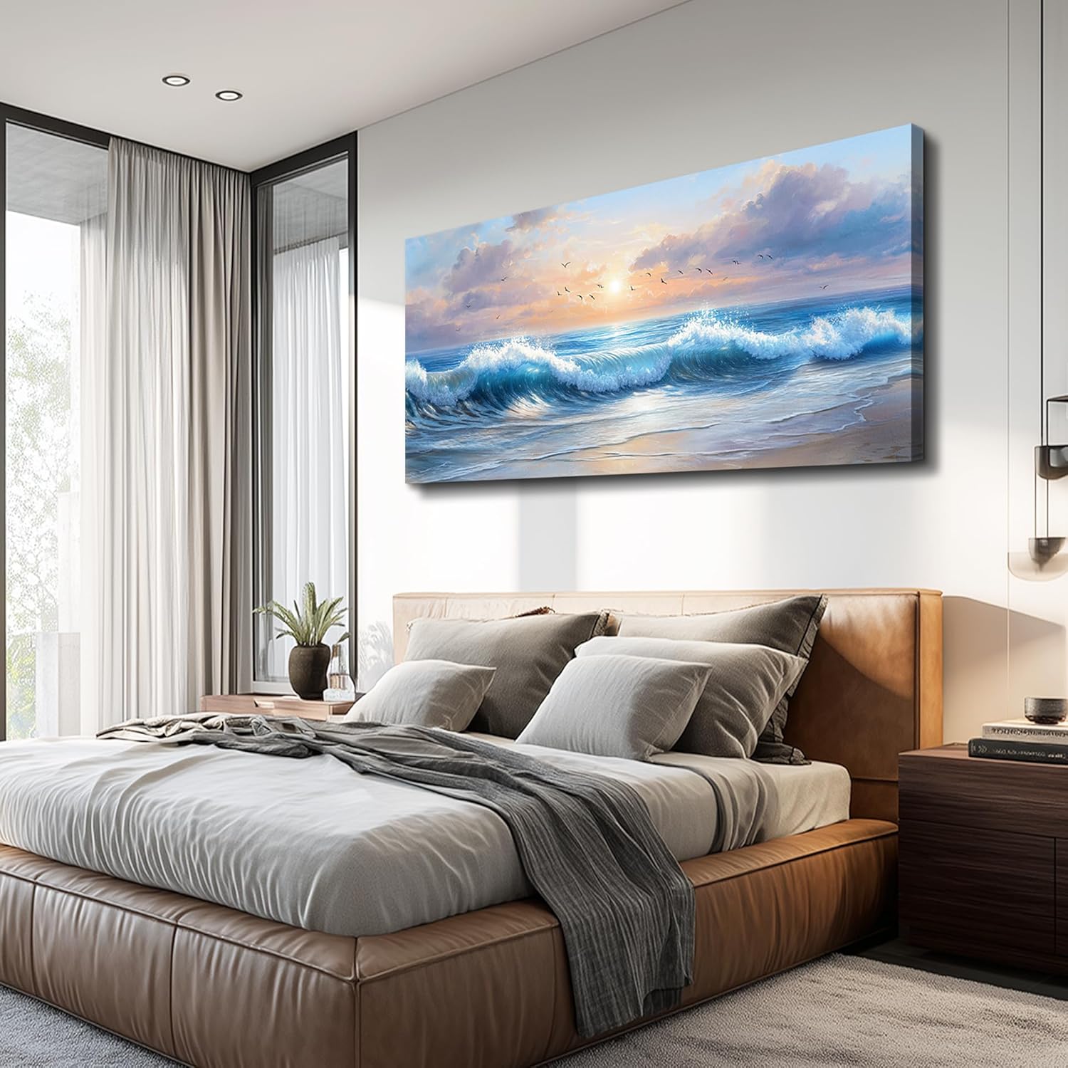 XIGUANGART Large Wall Decor for Living Room Ocean Paintings Canvas Prints Wall Art for Bedroom Blue Modern Minimalist Artwork Beach Sunrise Sea Wave Nature Pictures Office and Bathroom Home Decor