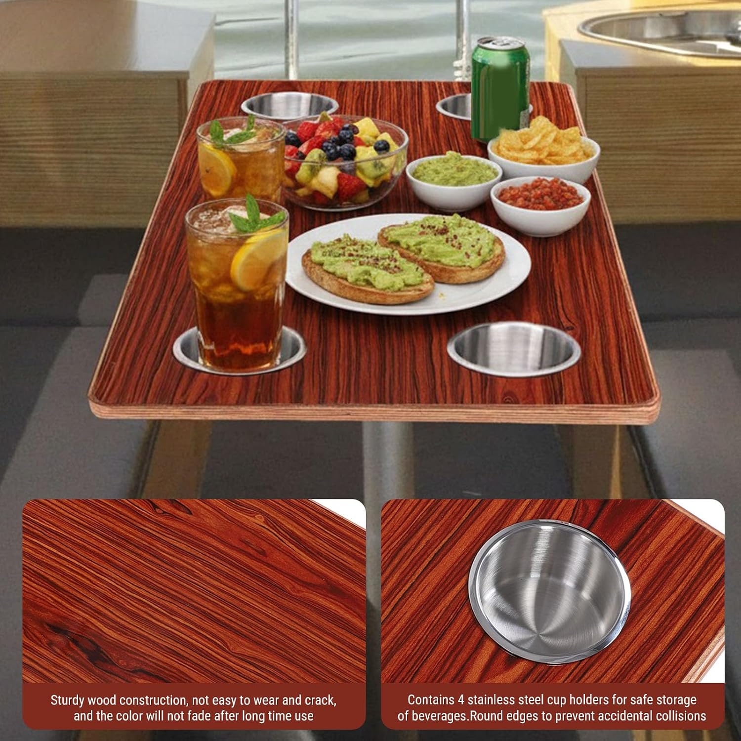 RV Table Top, 31.5x15.75in Rectangular Marine Desktop Panel with 4 Stainless Steel Cup Holders for Trailer Motorhome Yacht Deck