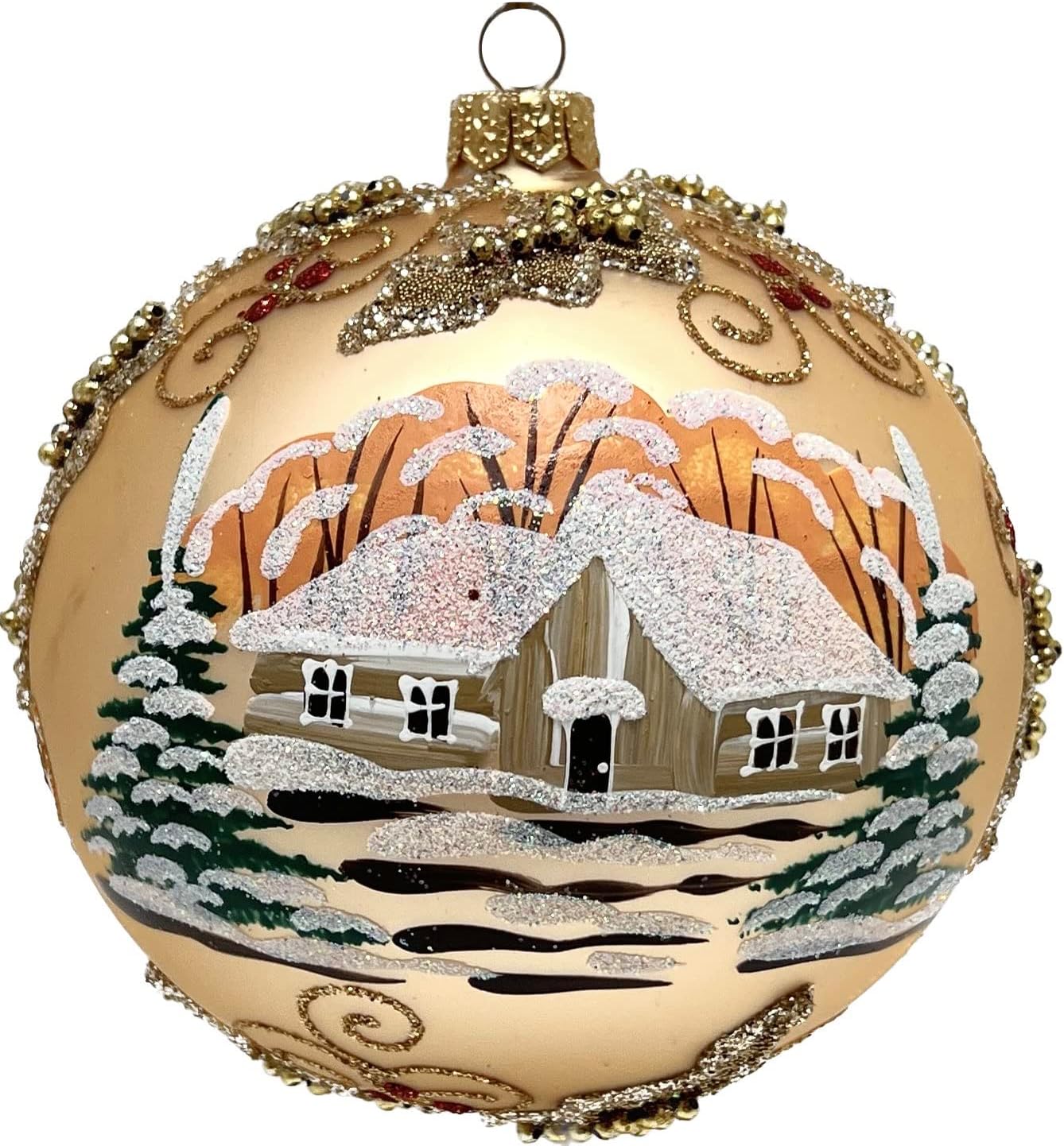 Gold Christmas Ornament Polish Blown Glass Ball Hand Painted Medium Bauble 5 inch/120mm Mistletoe Leaves