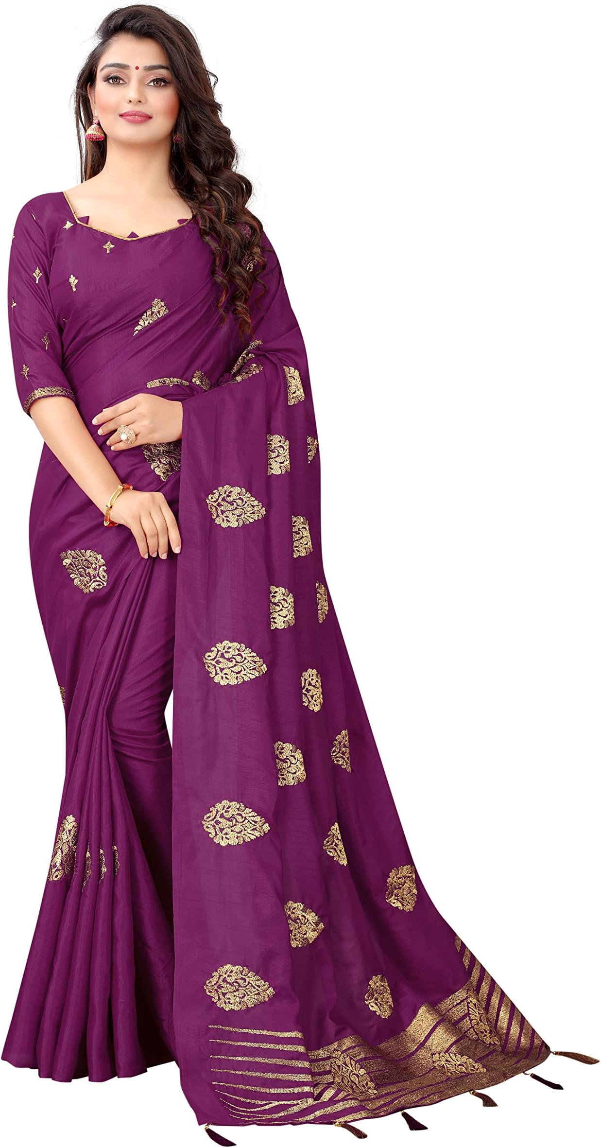 Amiga Fashion Women's Silk Embroidered Saree With Blouse Piece(Wine)