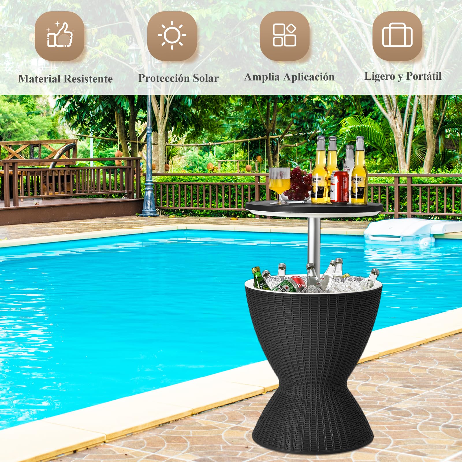 SOARS Tavolo Frigo da Giardino 3 in 1, Secchiello Ghiaccio Regolabile in 2 Altezze 30L, con Coperchio Removibile & Foro di Scarico, 75 KG, Portaghiaccio per Giardino, Piscina, Campeggio