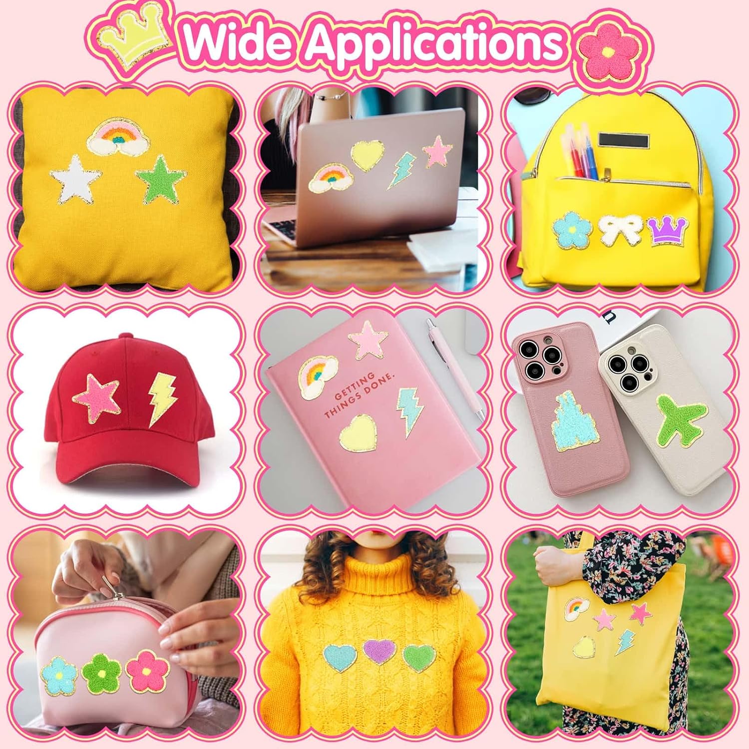 63Pcs Self-Adhesive Chenille Patches, Preppy Stick On Fuzzy Sticker Cute Star Bow Flower Heart Rainbow Lightning Chenille Patches for Fabric Clothing Backpack Hats Bags Jackets Jeans Decor