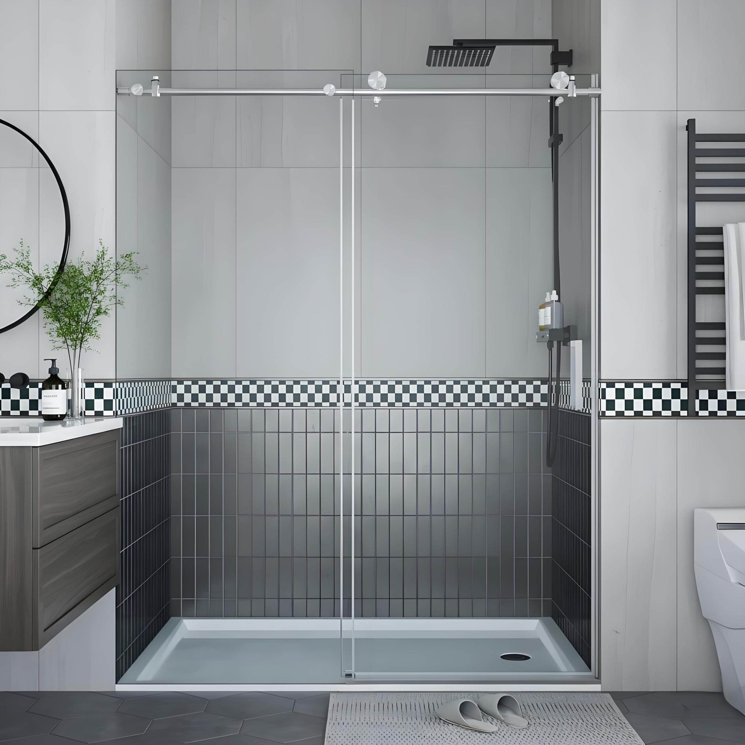 Frameless Sliding Shower Door, 56-60" Adjustable Width x 76" H, with Round Stainless Steel Rail &amp; 55mm Rollers, 6mm Tempered Glass, Brushed Finish, for Bathroom Remodel