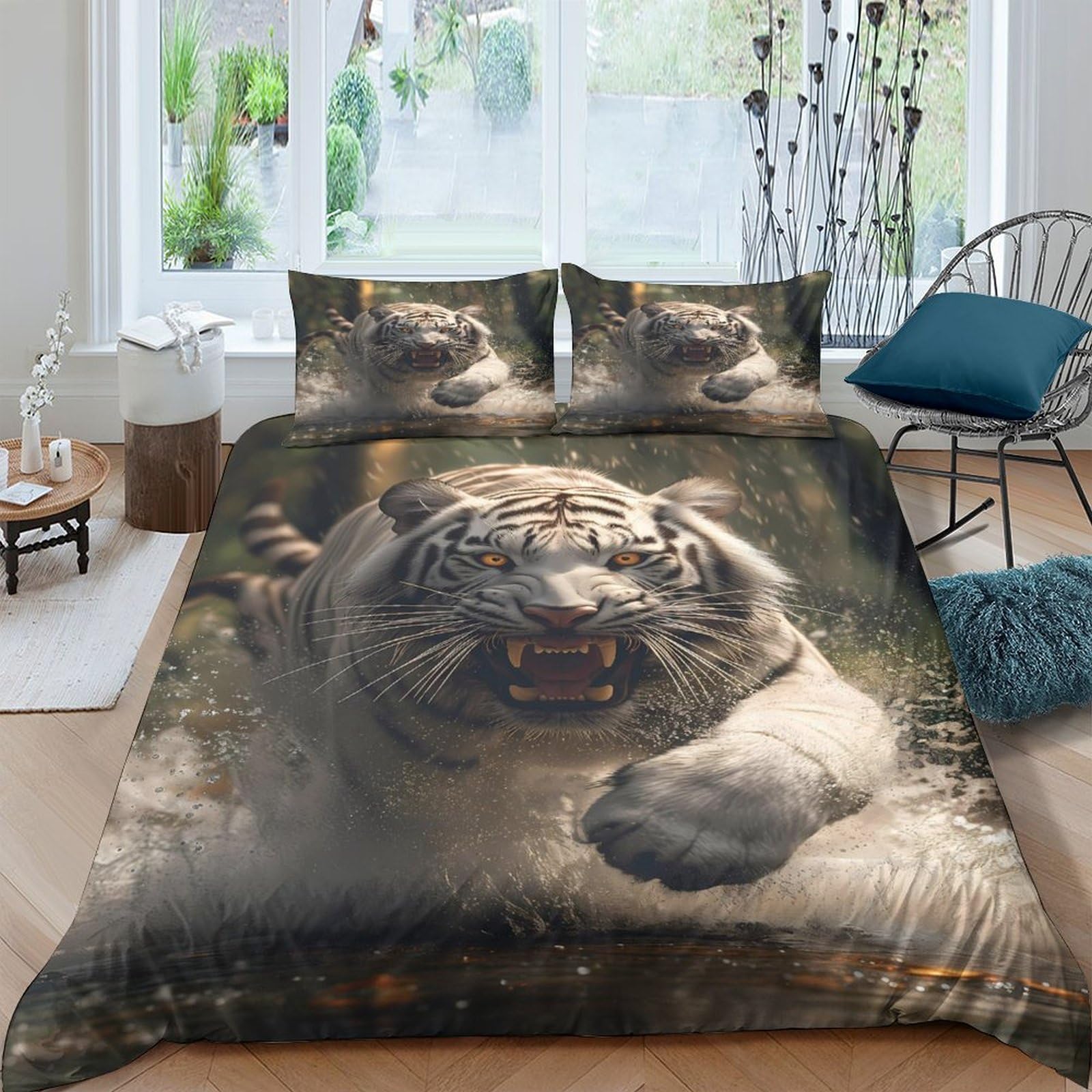 TUFRTGYHN 3D Printed White Tiger Duvet Cover Microfiber Soft Breathable Forest Animal Bedding Set with 2 Pillowcases for Bedroom Decor Single（135x200cm）