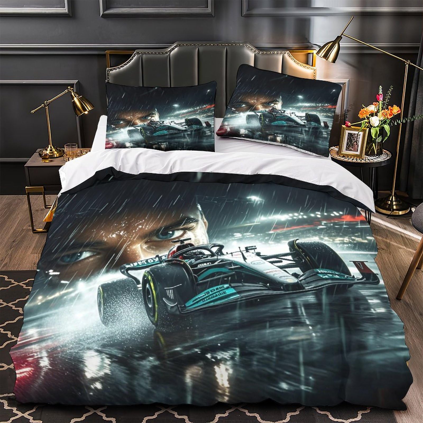 DAFUfbw Washable Formulaa Racing Bedding Set With Hidden Zipper, King（220x240cm） Formulaa Racing Duvet Cover with Pillowcases, Soft Microfiber Lewishamiltonn Quilt Cover