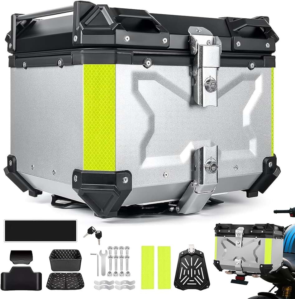 Baú Traseiro Moto Alumínio 45 Litros con Suporte Universal E Base Impermeável, Case Maletero De Aluminio Para Moto, Reforçado Seguro Bagageiro Universal Top Case (Prata)