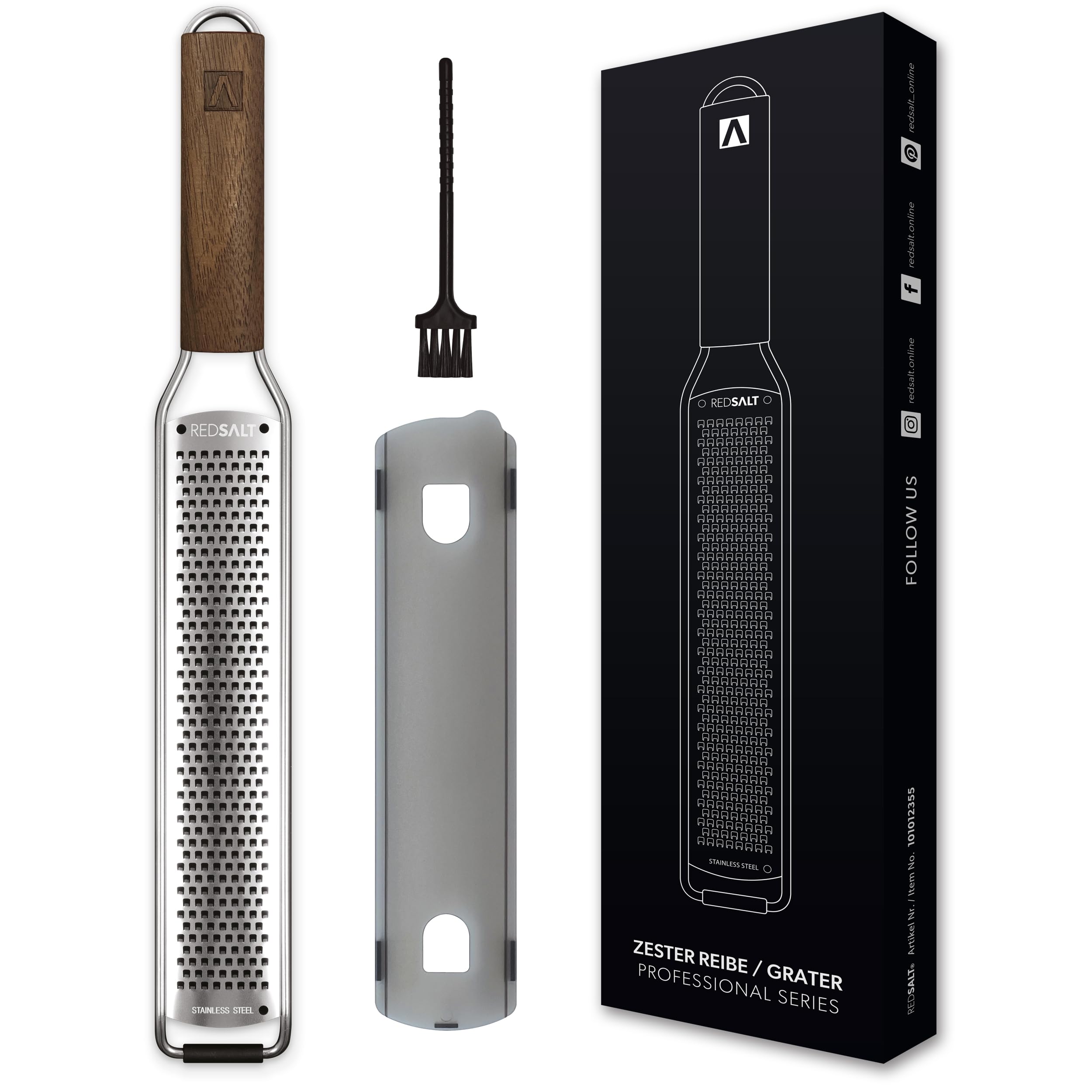 REDSALT® Premium Zester Edelstahl Reibe mit Walnuss Holzgriff | rasiermesserscharfe Klinge | Küchenreibe Hobel Zitrone Ingwer Hartkäse | Parmesanreibe Ingwerreibe Zitronenreibe Käsereibe Muskatnuss