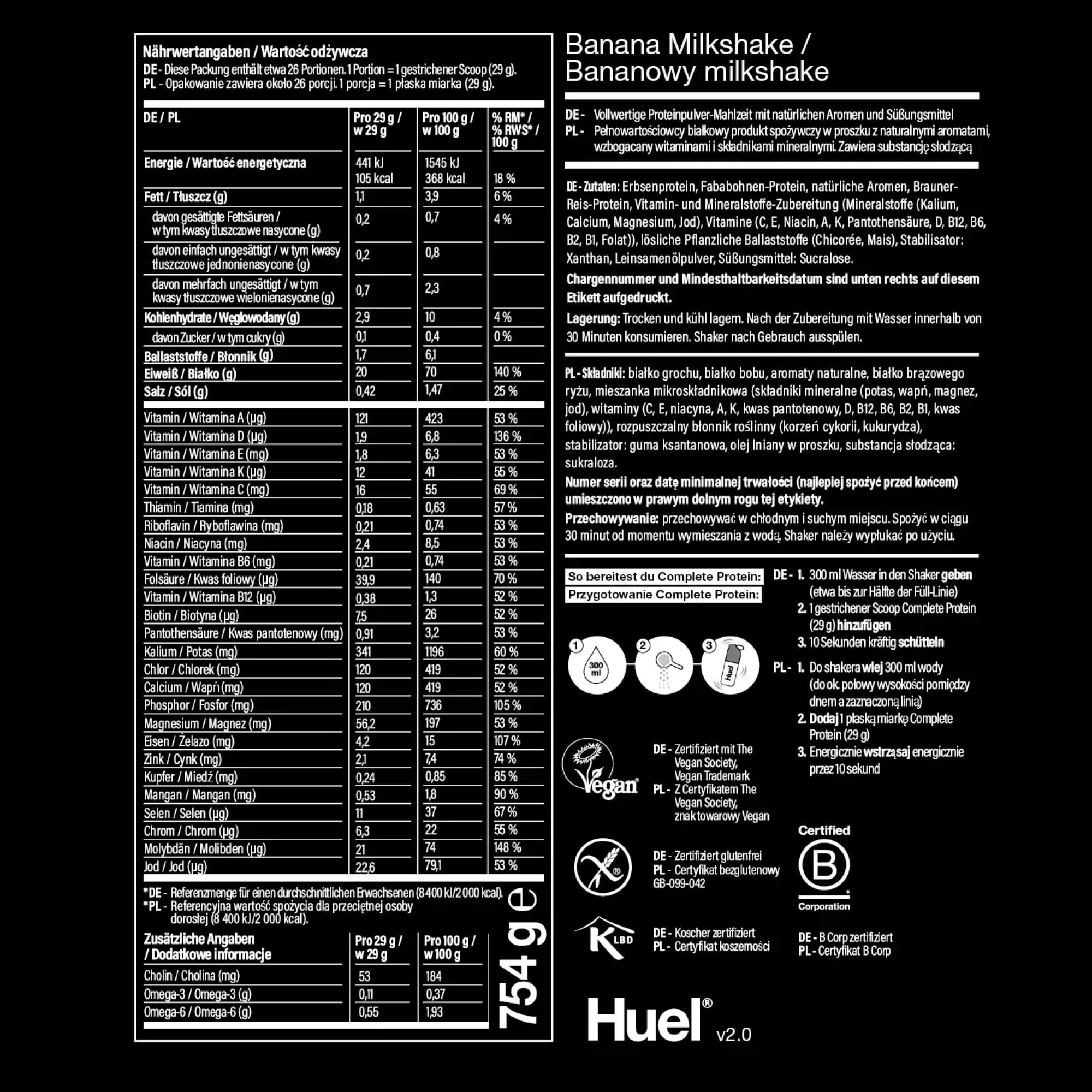 HUEL Complete Protein Bananowy milkshake odżywka białkowa 17 porcji + miarka GRATIS