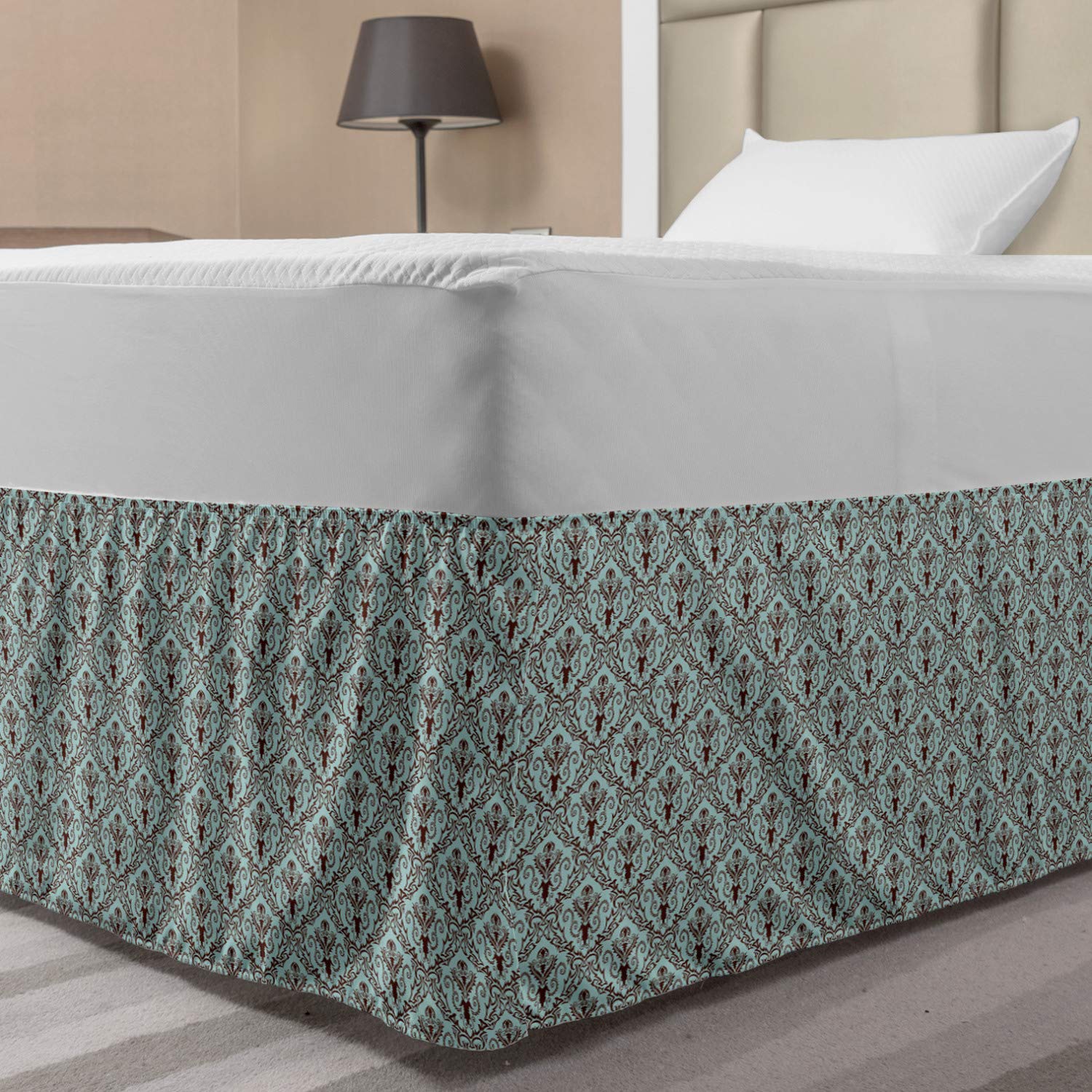 Lunarable Damask Bedskirt Classic Design Style Leaves Foliage Geometric Pattern Curvy Lines Ornate Bedroom Decor Wrap Around Elastic