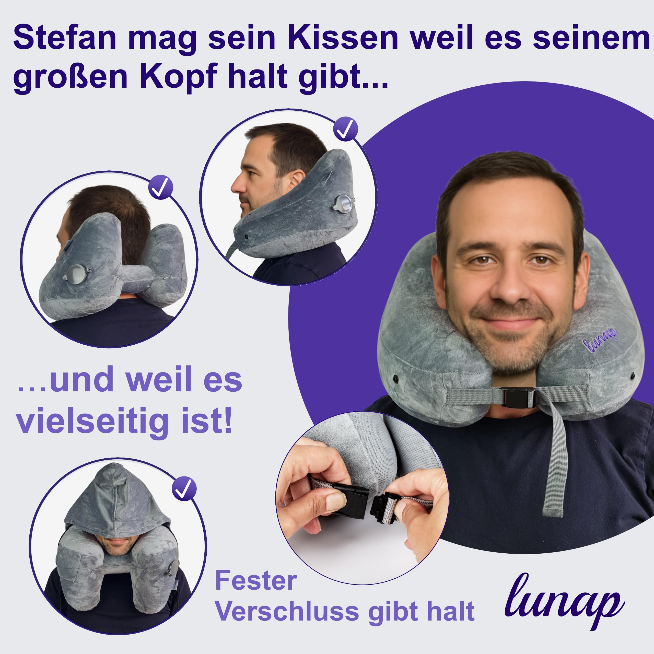 lunap Nackenkissen Flugzeug aufblasbar GRÖßE L Nackenkissen Aufblasbar mit Kapuze | Nackenhörnchen Erwachsene Grau | Reisekissen zum aufblasen | Neck Pillow | Reisekissen Flugzeug Kissen