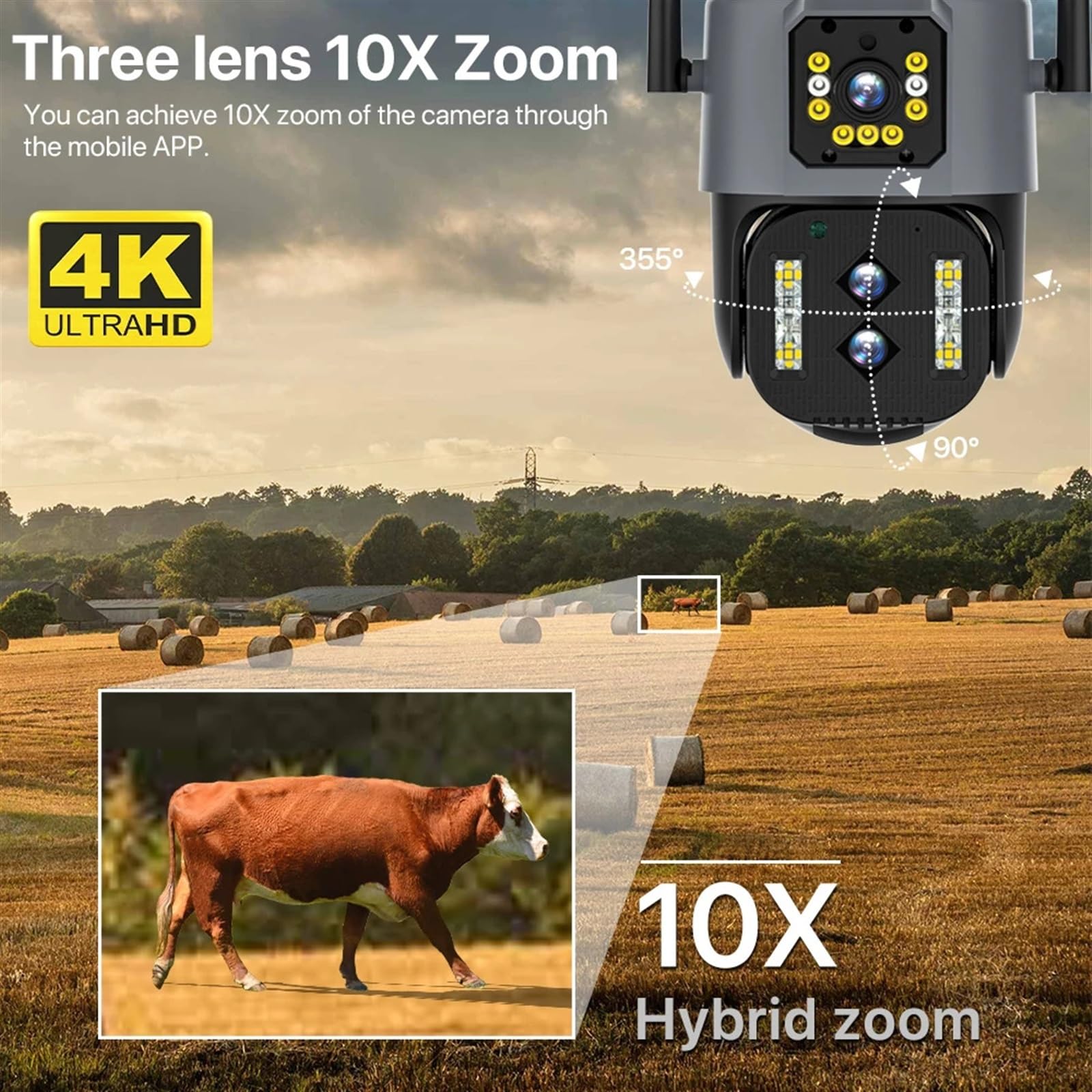 Kamera monitorująca Lornetka 4K 8MP kamera na zewnątrz 10X Zoom 2.8-12mm trzy obiektywy kamera PTZ bezpieczeństwa automatyczne śledzenie P2P CCTV nadzór wideo do użytku zewnętrznego i domowego(4MP No