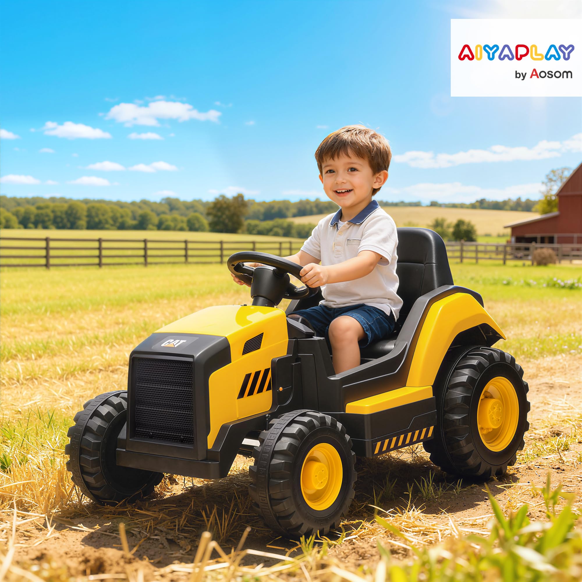 AIYAPLAY Trattore Elettrica per Bambini 3-6 Anni Licenza CAT, 12V Macchina Elettrica Escavatore Giocattolo Cavalcabile con 2 Motori, Sospensioni, Telecomando, Luci, Musica, USB e Bluetooth, Giallo