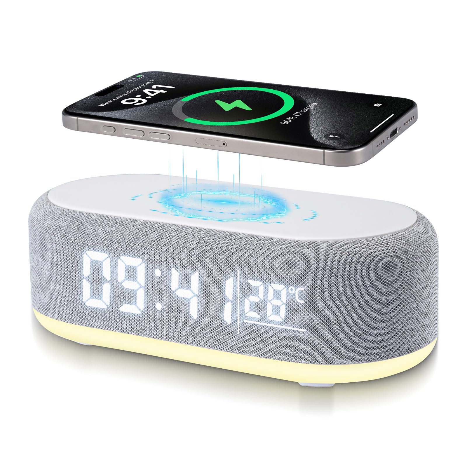 Despertador Digital 4 en 1, Cargador Inalámbrico, Despertador Inteligente con indicador de luz y Temperatura, Brillo Ajustable