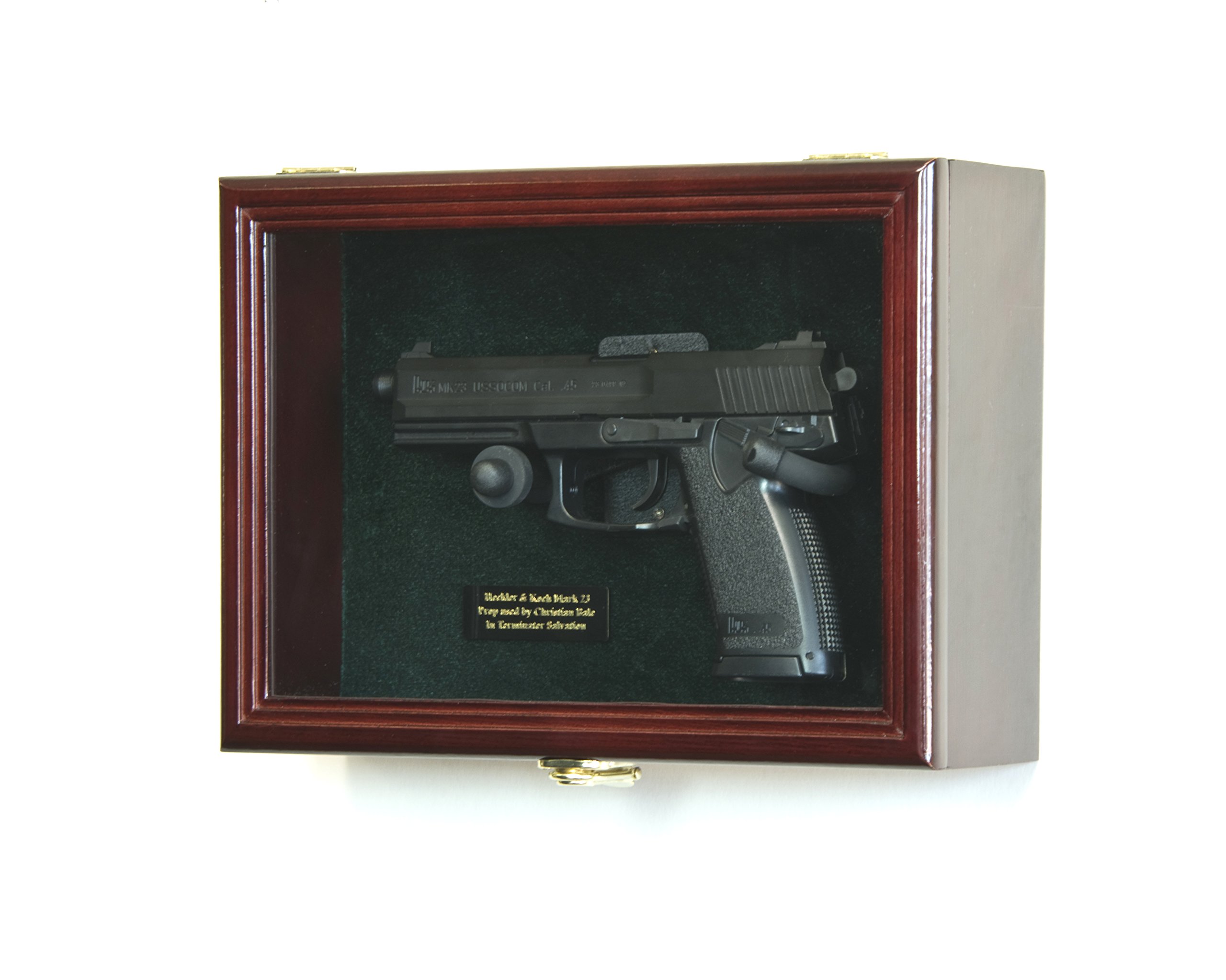 Single Pistol Display Case Wall Mount Solid Hardwood Cabinet (Cherry Finish, Green Felt Background)