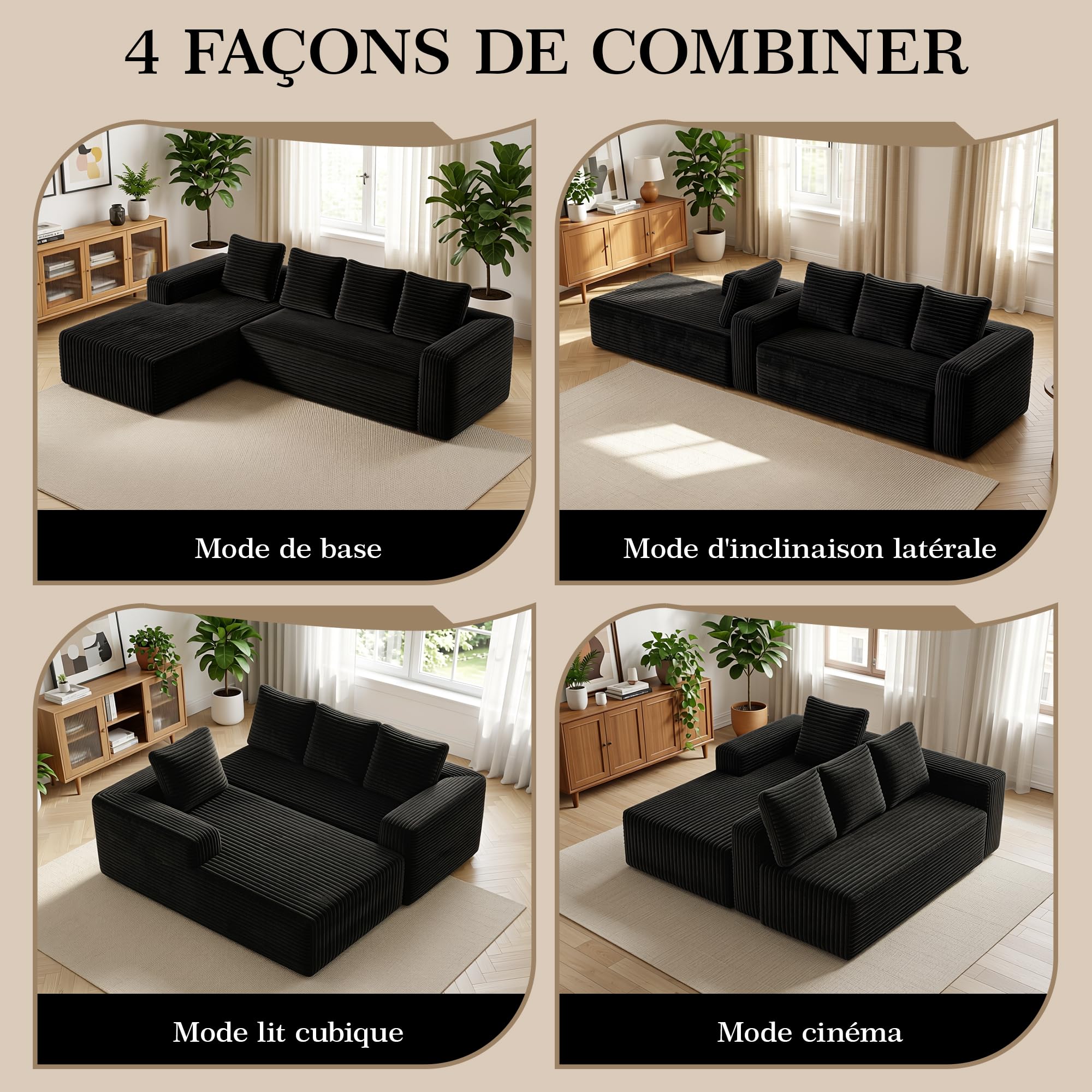 Canapé d'angle, Canapé 4 Places avec Méridienne et 4 Coussins, Canapé Compressé en L avec Méridienne, Canapé Cloud en Velours côtelé, pour Salon et Appartement