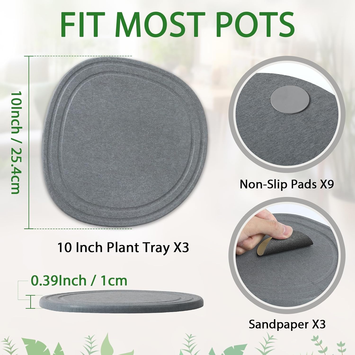 Linidcoud Plant Saucers for Indoors, 3 Pack 10" Quick Dry Diatomite Plant Drip Water Catcher Trays for Pots, Diatomaceous Earth Planter Drainage Saucers Plates to Catch Water for Flower, Stone Gray
