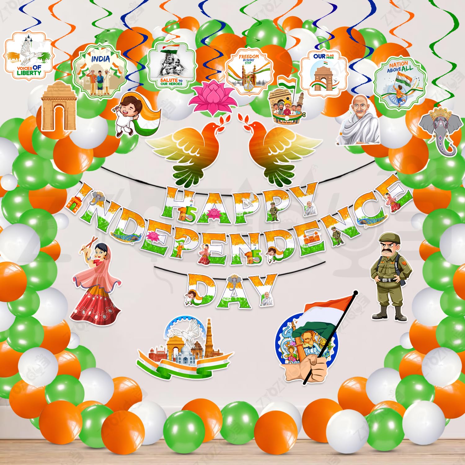 Zyozique 15 August Decoration Set | Happy Independence Day Decorations Combo | Paper Banner, Balloons, Swirls Hangings & CardStock CutOuts | Independence Day Kit (Pack Of 64)
