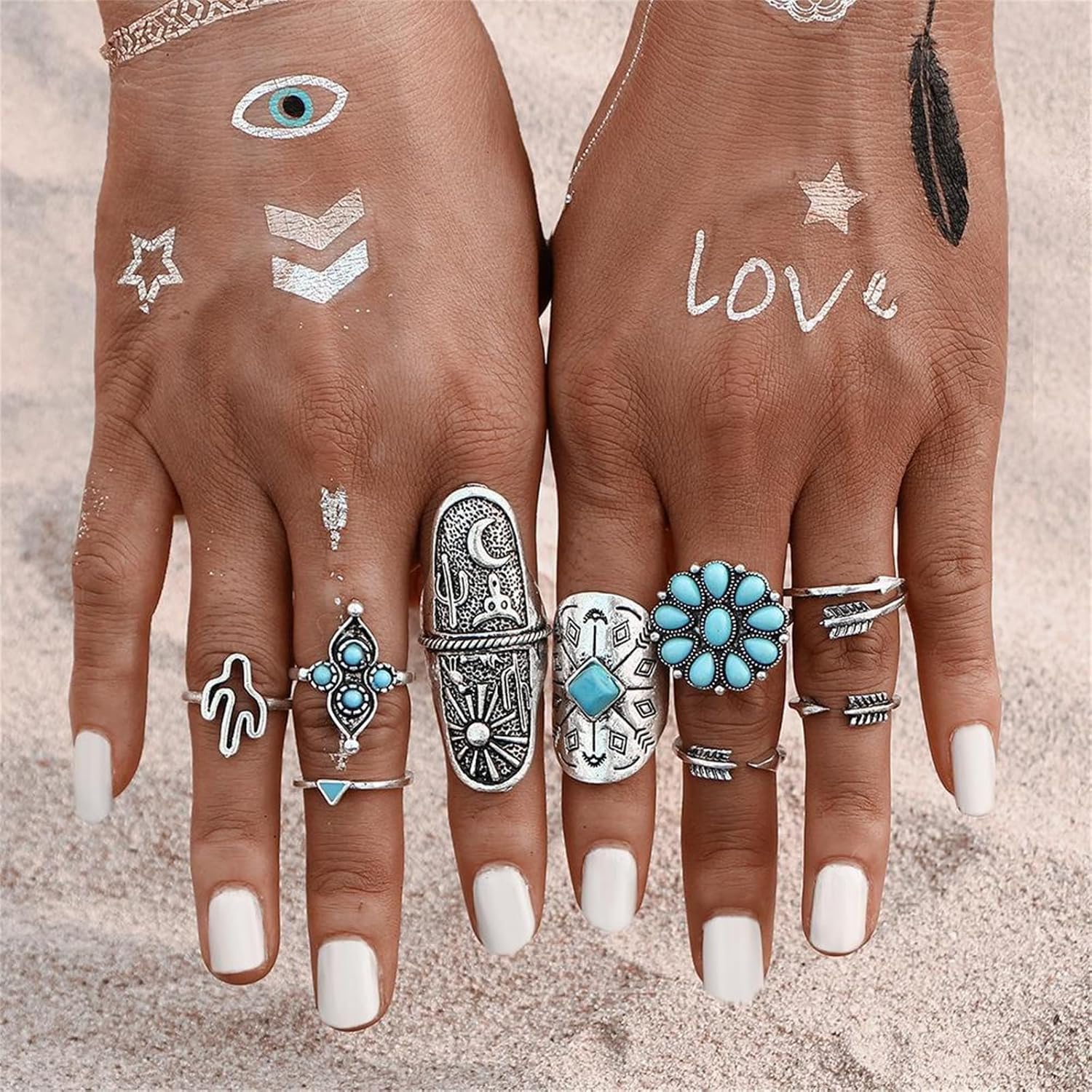 Bohemian Turquoise Ring Set for Women,Vintage Western Rings Chunky Turquoise Opal Stackable Knuckle Ring Set Punk Midi Finger Ring Pack Boho - Image 3