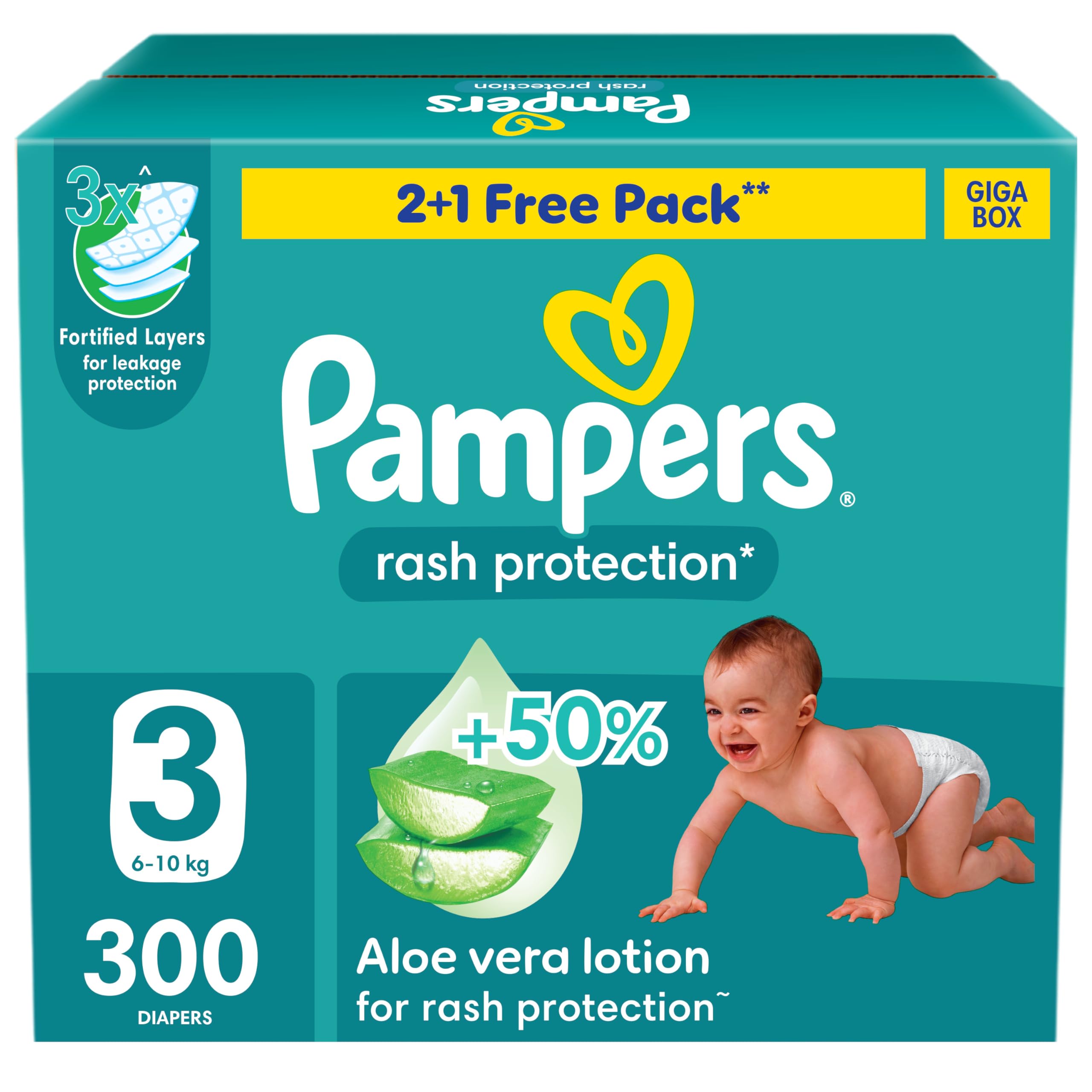 Pampers Rash Protection Taped Diapers, Size 3, 6-10kg, +50% Aloe Vera Lotion for Rash Protection, 3x Fortified Layers for Leakage Protection, Giga Box, 300 CountPampers Rash Protection Taped Diapers, Size 3, 6-1…
