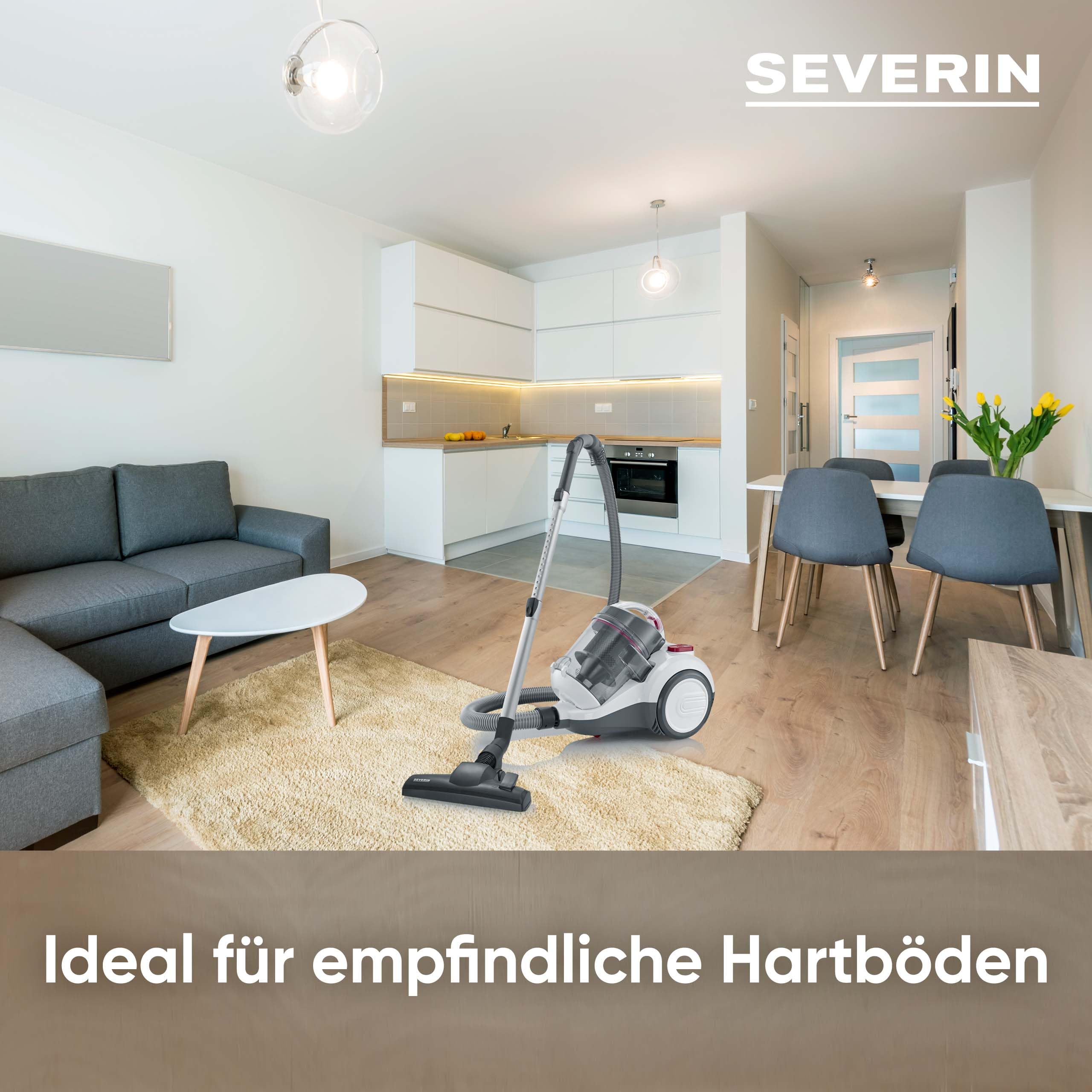 Severin Beutelloser Zyklon-Staubsauger, Bodenstaubsauger für konstante Saugkraft, Staubsauger ohne Beutel, 800 W, 9 m Aktionsradius, 79 dB, 2,1 L Volumen, weiß-rot-anthrazit, CY 7088