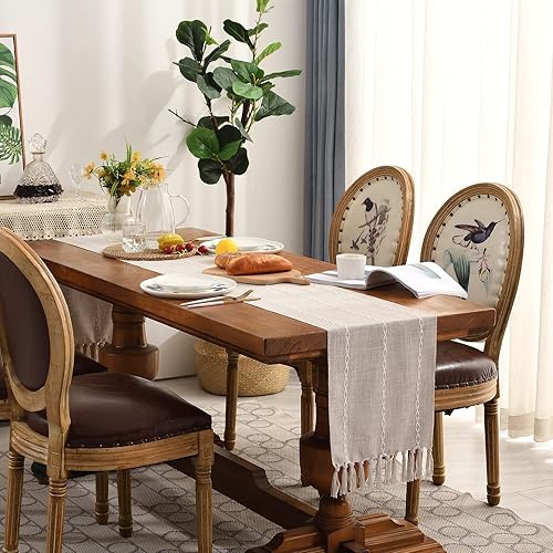 Miniatura 7 de Wracra Camino de mesa de lino rústico estilo granja, camino de mesa bordado de 60 pulgadas de largo con borlas a mano para fiestas, decoración de