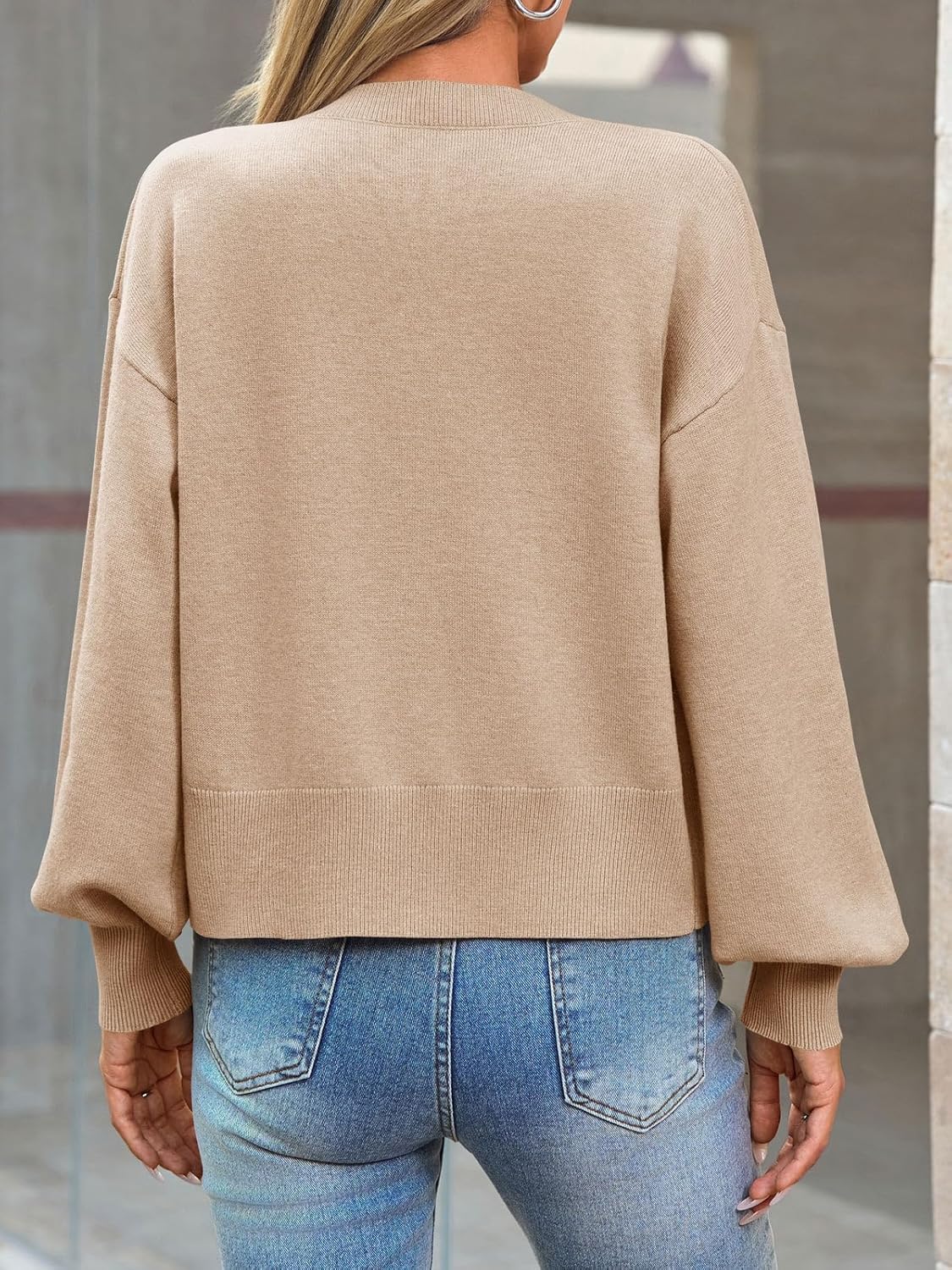 Saodimallsu Womens Button Up Cardigan Sweaters Fall Trendy Long Lantern Sleeve Knit Crew Neck Sweater Jacket - Image 5