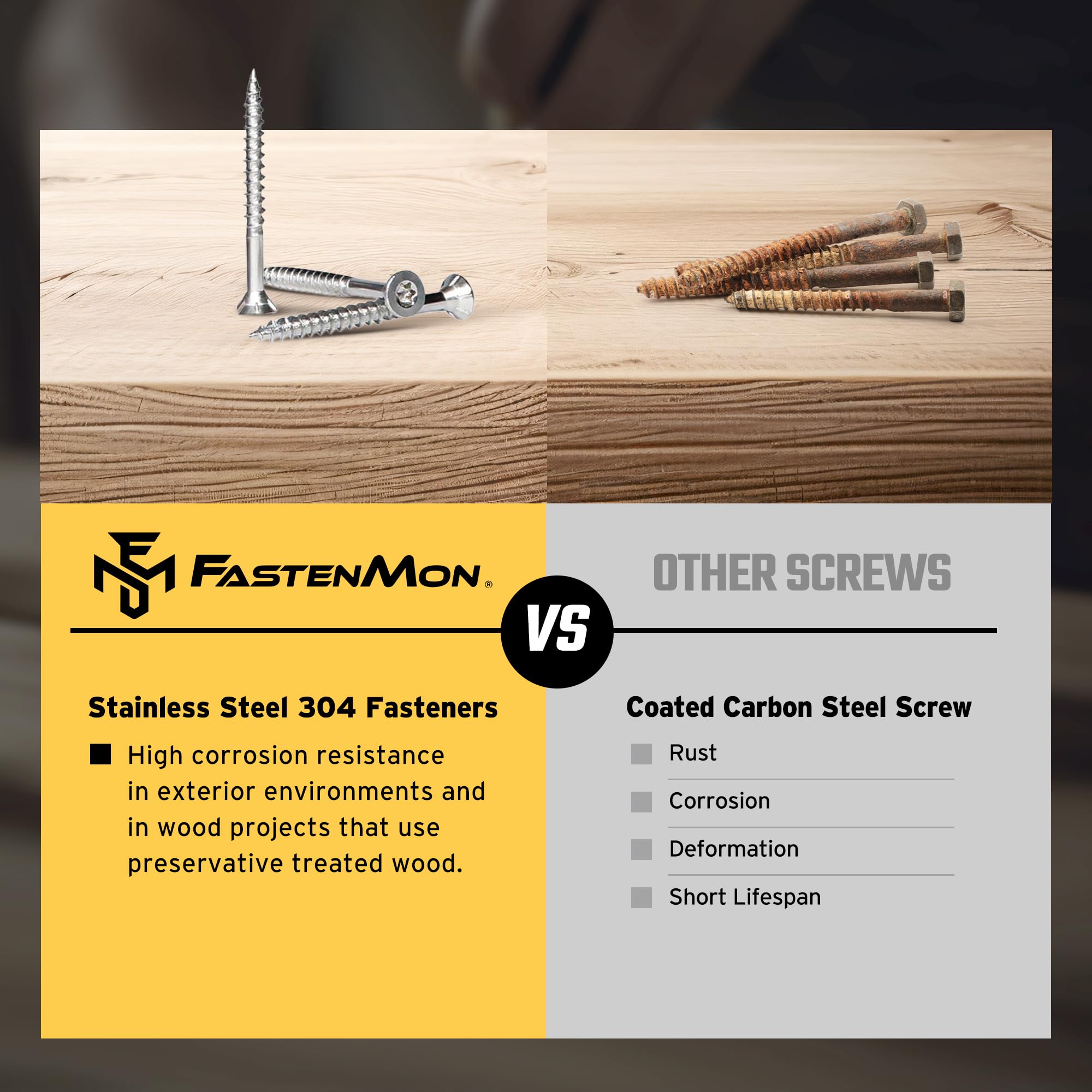 Fastenmon - Tornillos de cubierta de 10 x 3 pulgadas, 300 piezas de 4.5 libras de acero inoxidable 304 Torx de cabeza plana, tornillos exteriores para madera, una broca T 25 incluida