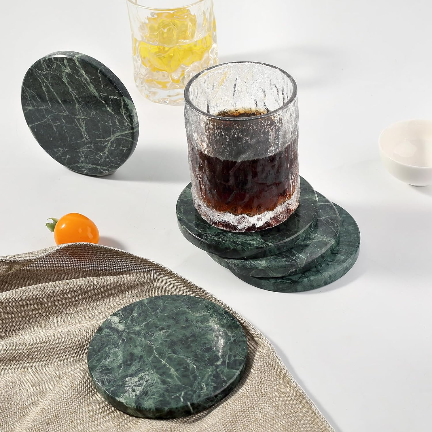 Koville Green Marble Coasters Set of 6, 3.9 Inch Round Coaster for Drinks, Drink Coaster for Tabletop & Coffee Table Decor, Ideal Home Decor House Warming Gifts, Luxury Aesthetic Stone Coasters