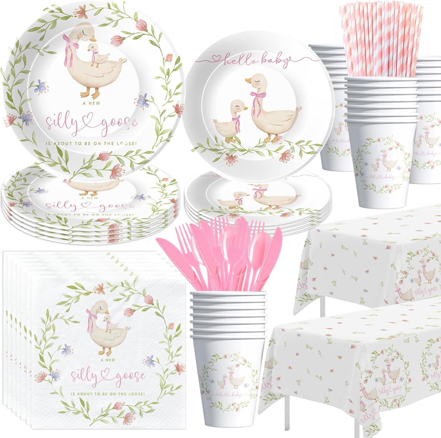 Pink Silly Goose Baby Shower Decorations Tableware, Goose Girl Baby Shower Party Supplies, Paper Plates, Cups, Napkins, Straws, Disposable Cutlery, Tablecloth, Serves 24